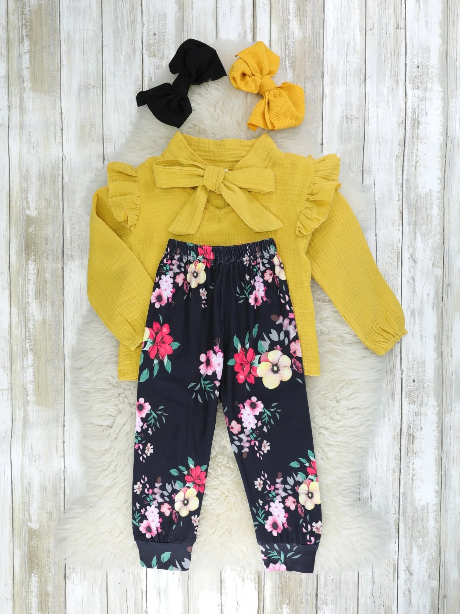 Mustard Bow Ruffle Top & Floral Joggers Outfit - Image 2