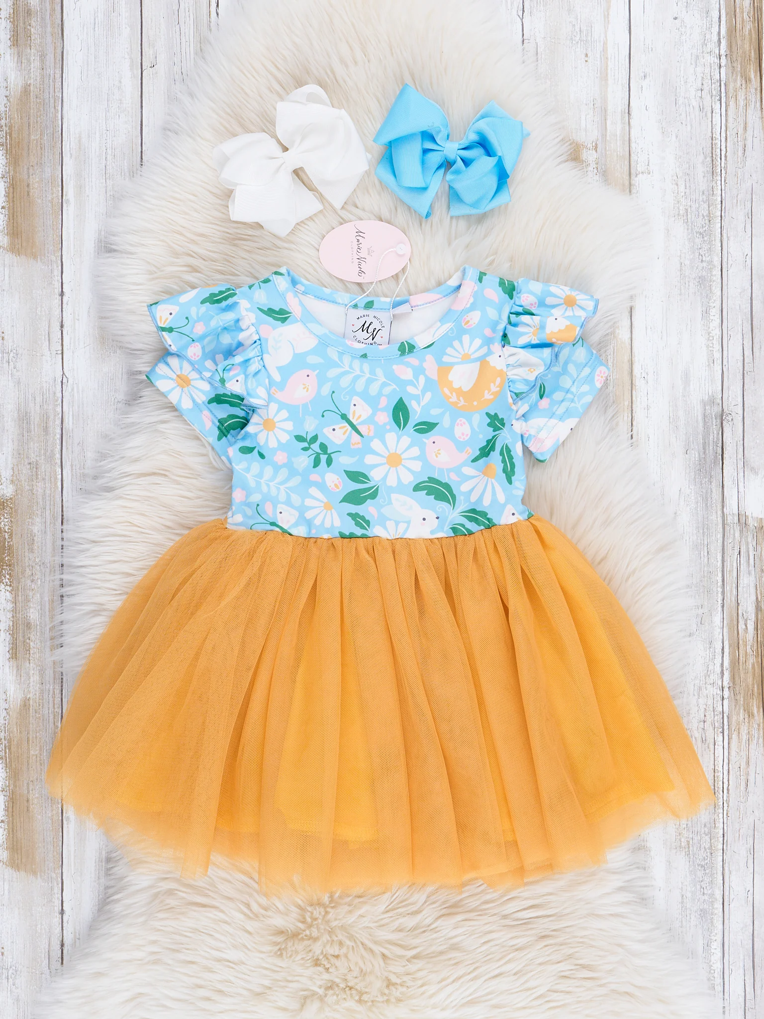 Mustard Bunny Daisy Tulle Ruffle Dress