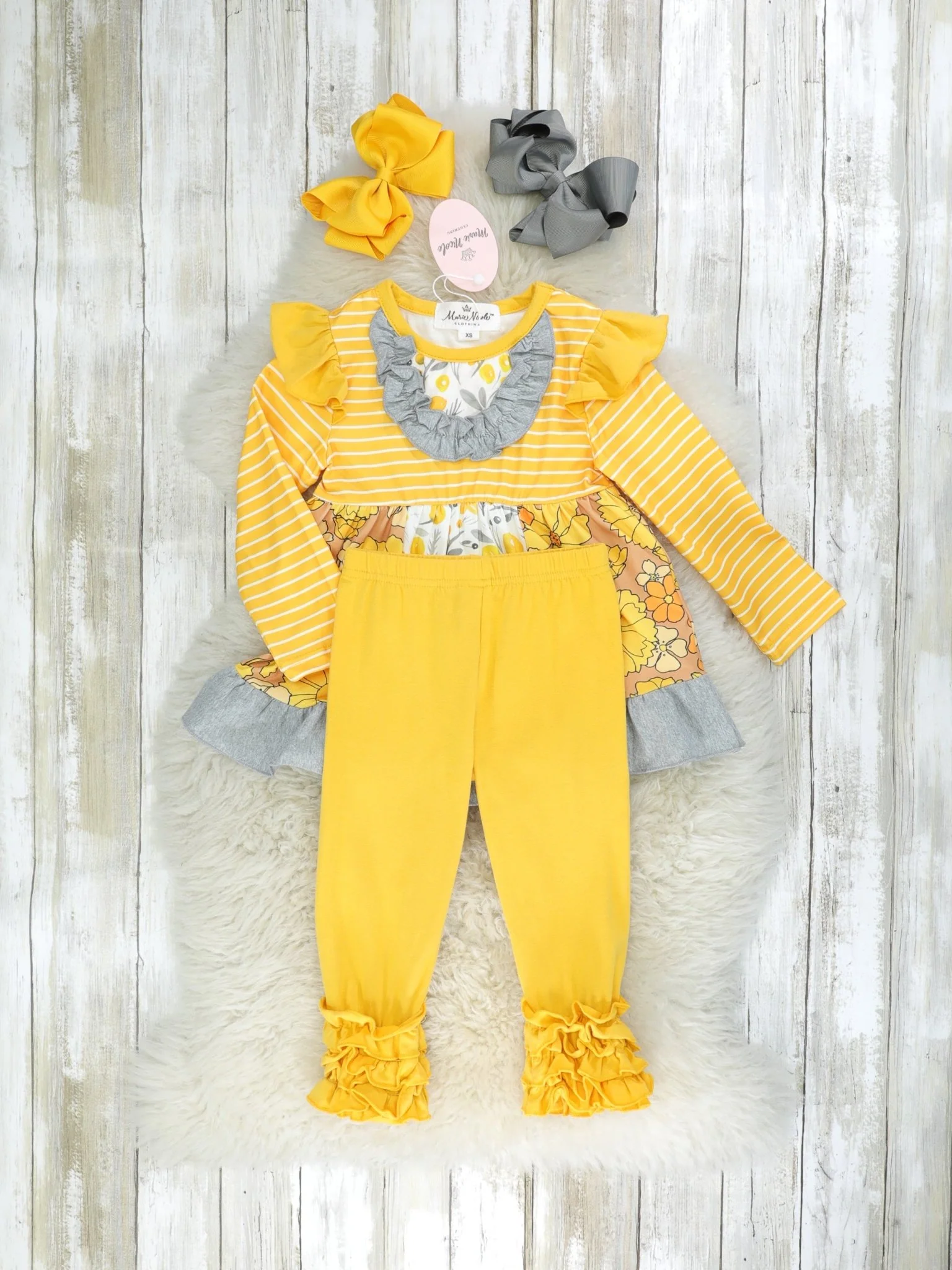 Mustard Floral Raglan Tunic & Icing Ruffle Leggings Outfit - Image 2