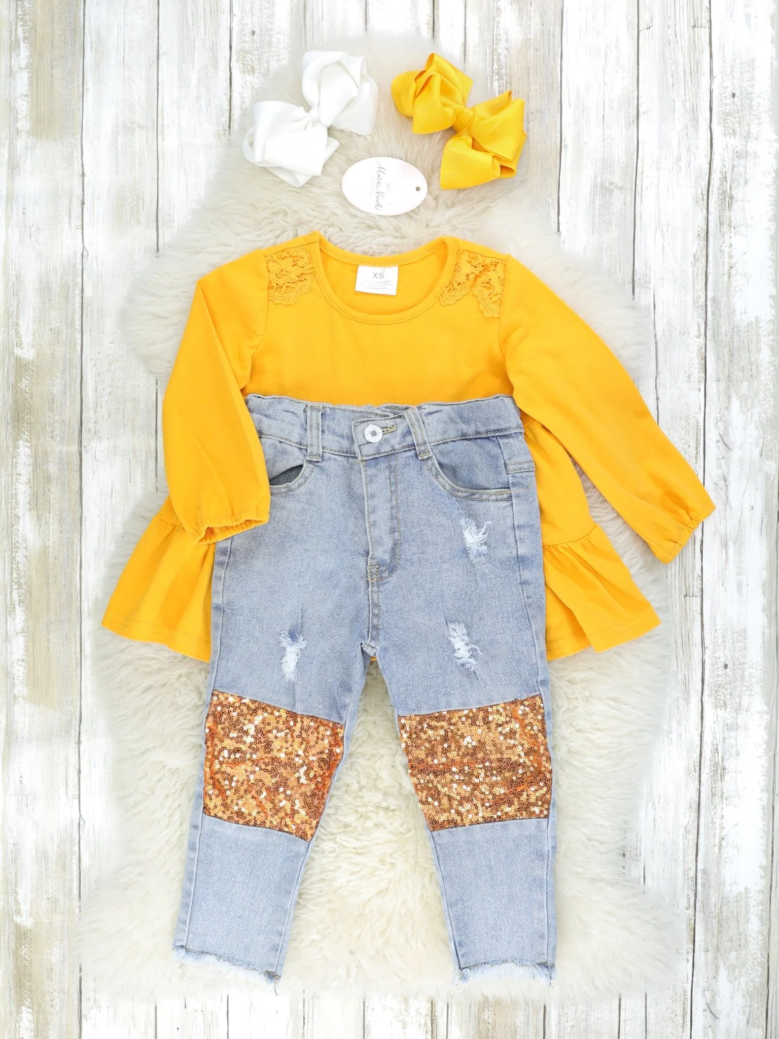 Mustard Lace Tier Top & Distressed Denim Sequin Outfit - Image 2