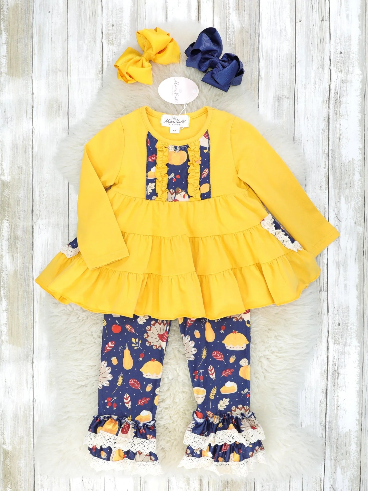 Mustard Navy Turkey Ruffle Outfit