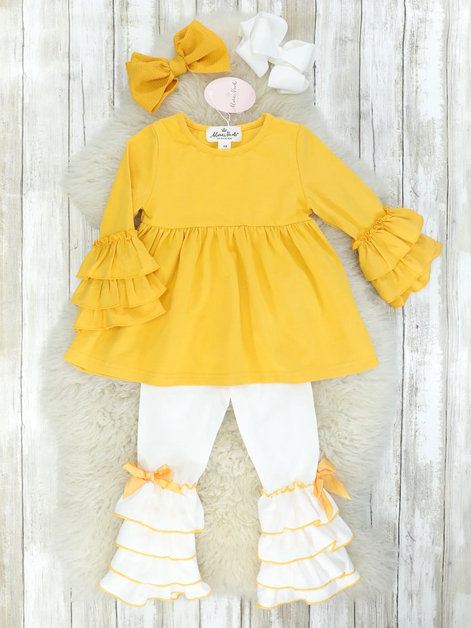 Mustard Ruffle Sleeve Peplum Top & White Bottoms Outfit