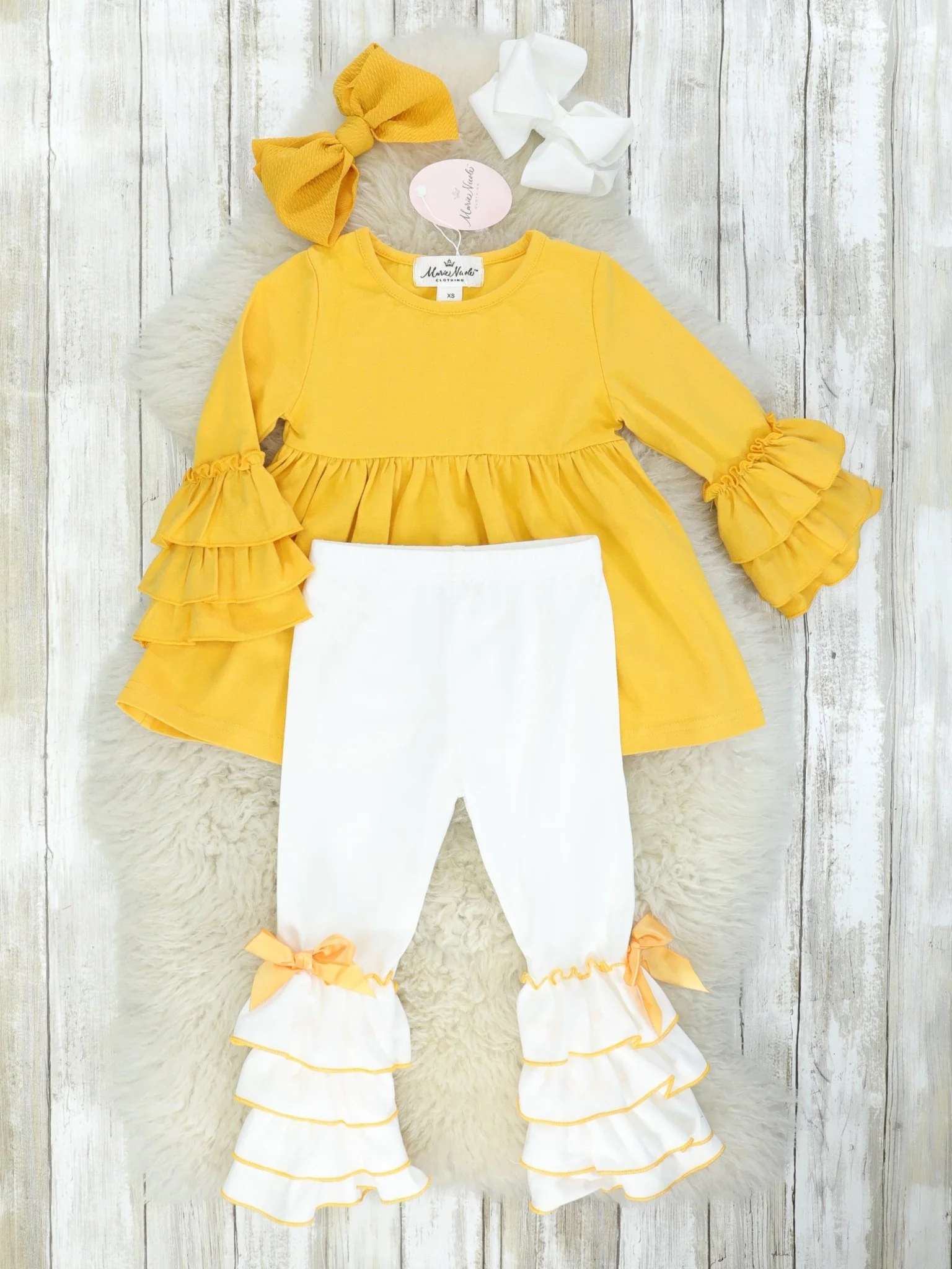 Mustard Ruffle Sleeve Peplum Top & White Bottoms Outfit - Image 2