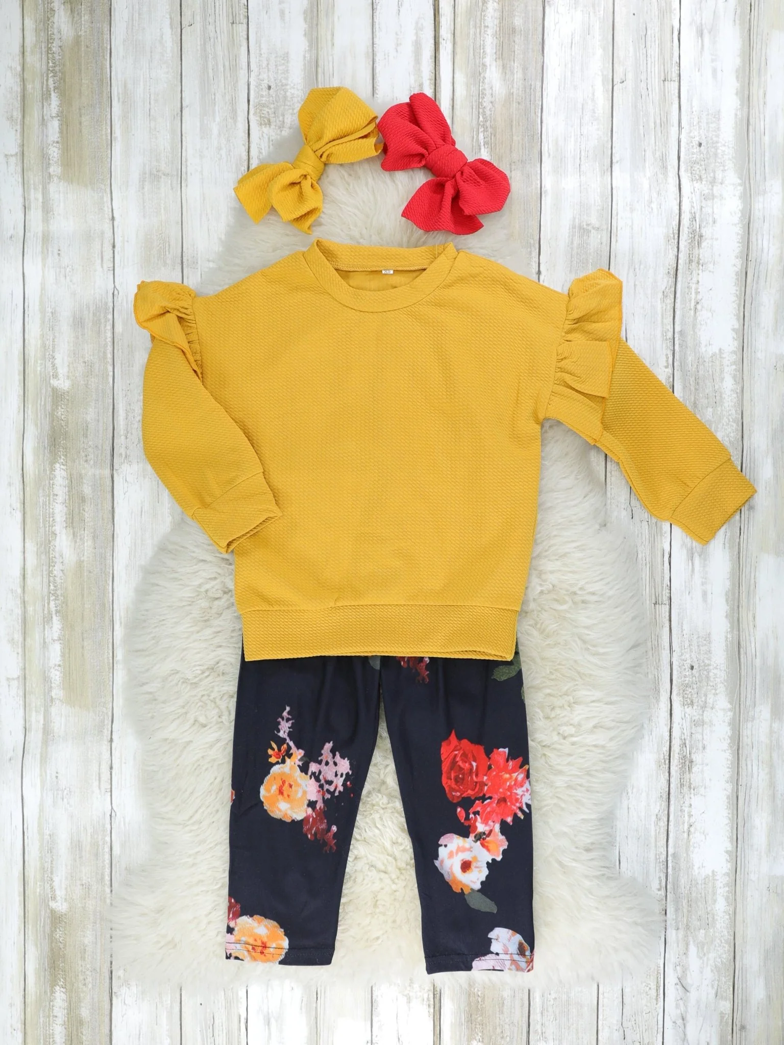 Mustard Ruffle Top & Floral Pants Outfit