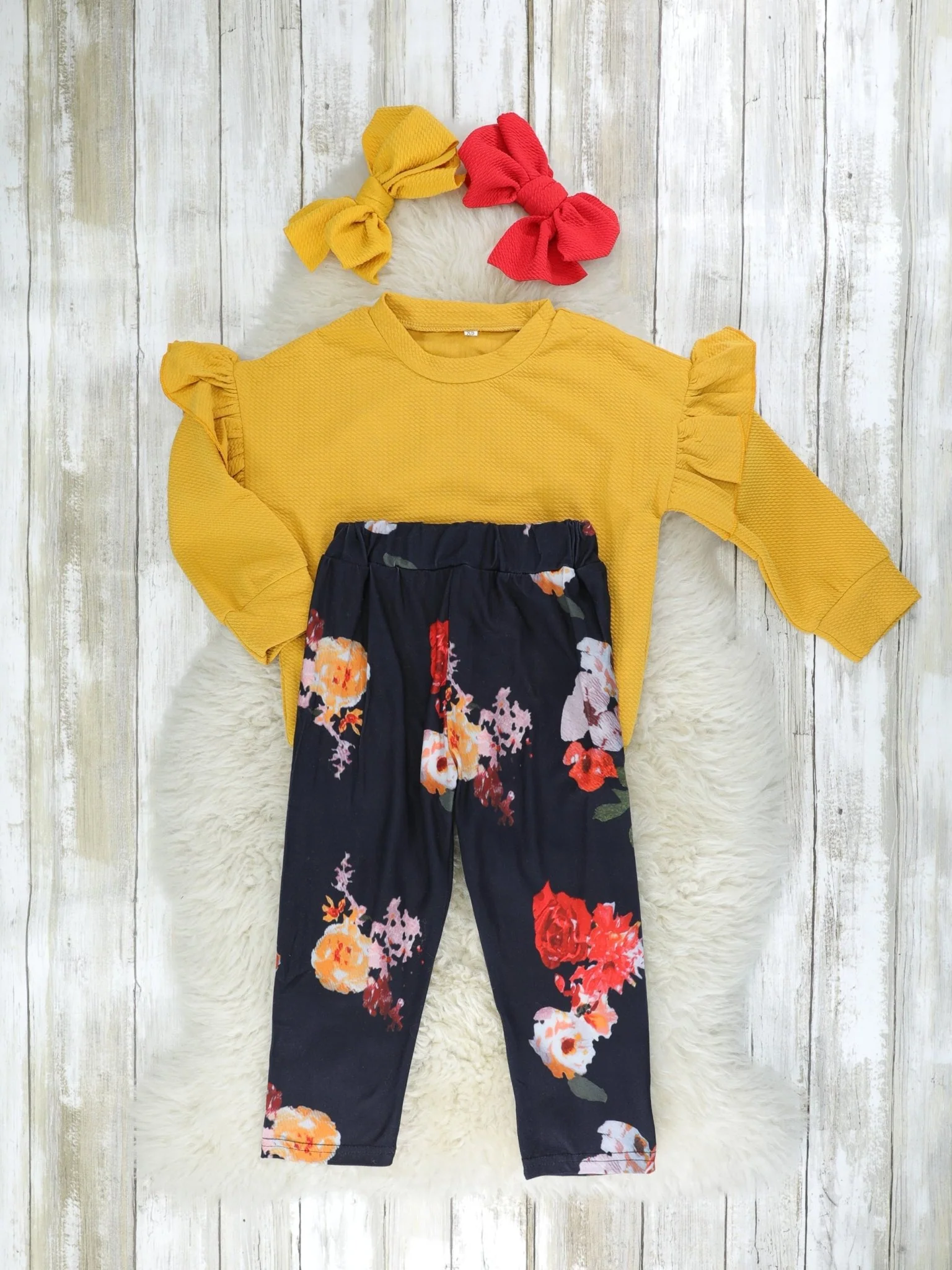 Mustard Ruffle Top & Floral Pants Outfit - Image 2