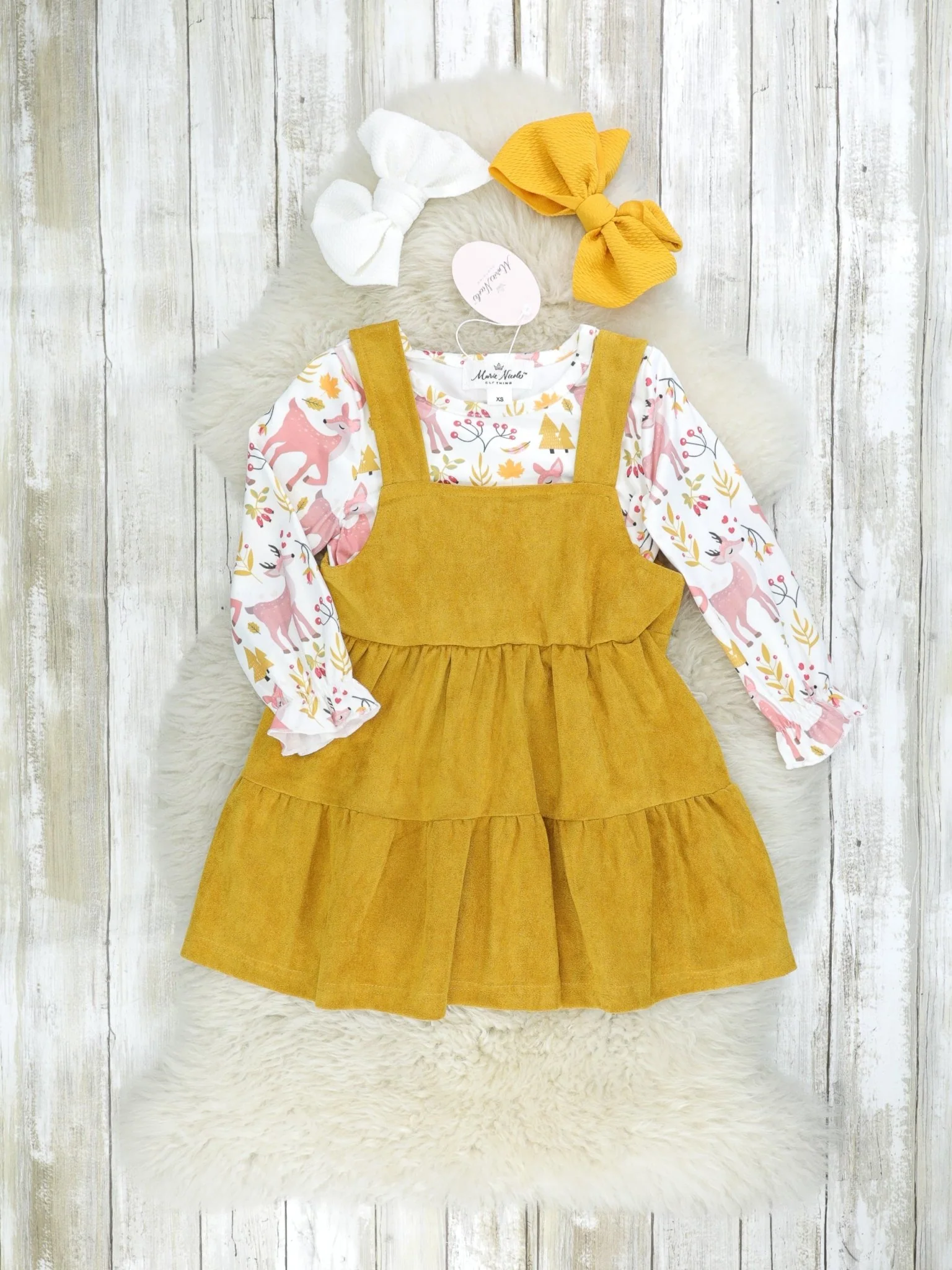Mustard Suede Dress & Deer Ruffle Top Set