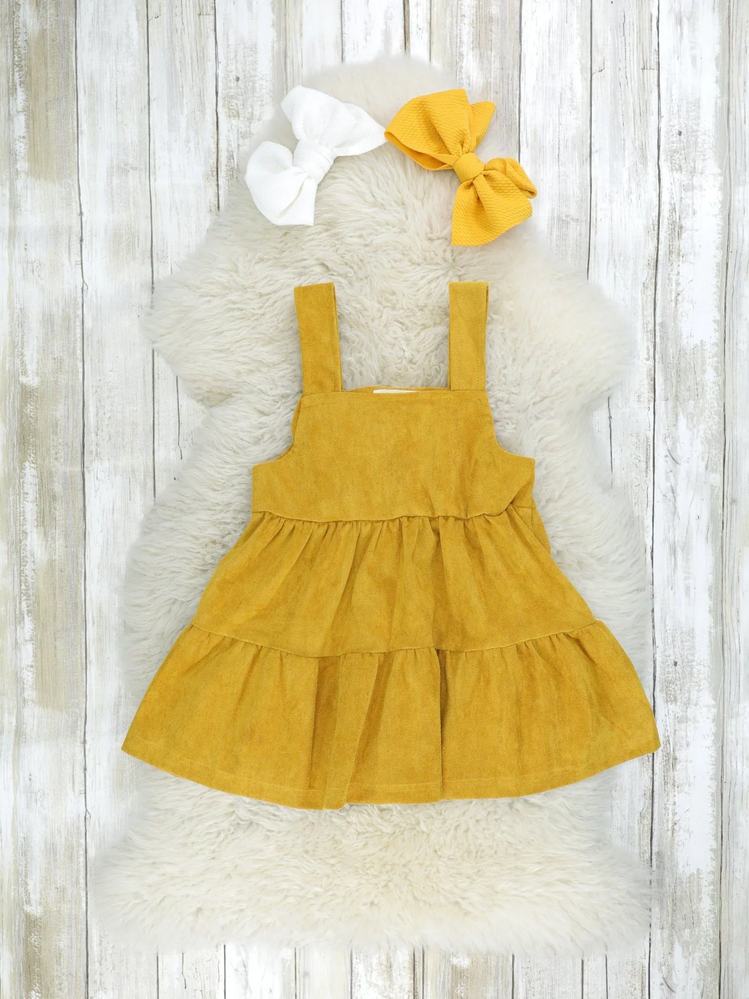 Mustard Suede Dress & Deer Ruffle Top Set - Image 2