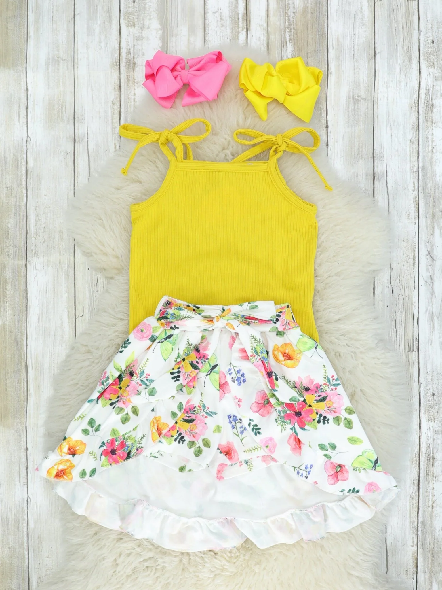 Mustard Tank & Floral Ruffle Split Skirt Outfit