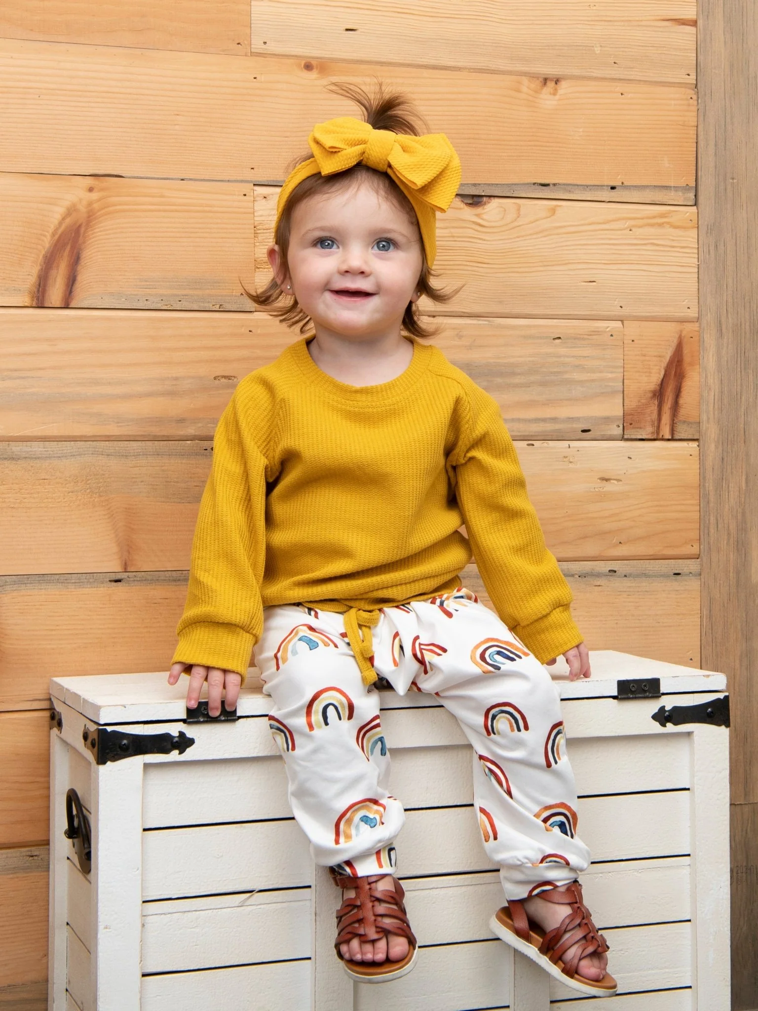 Mustard Top & Rainbow Joggers Outfit