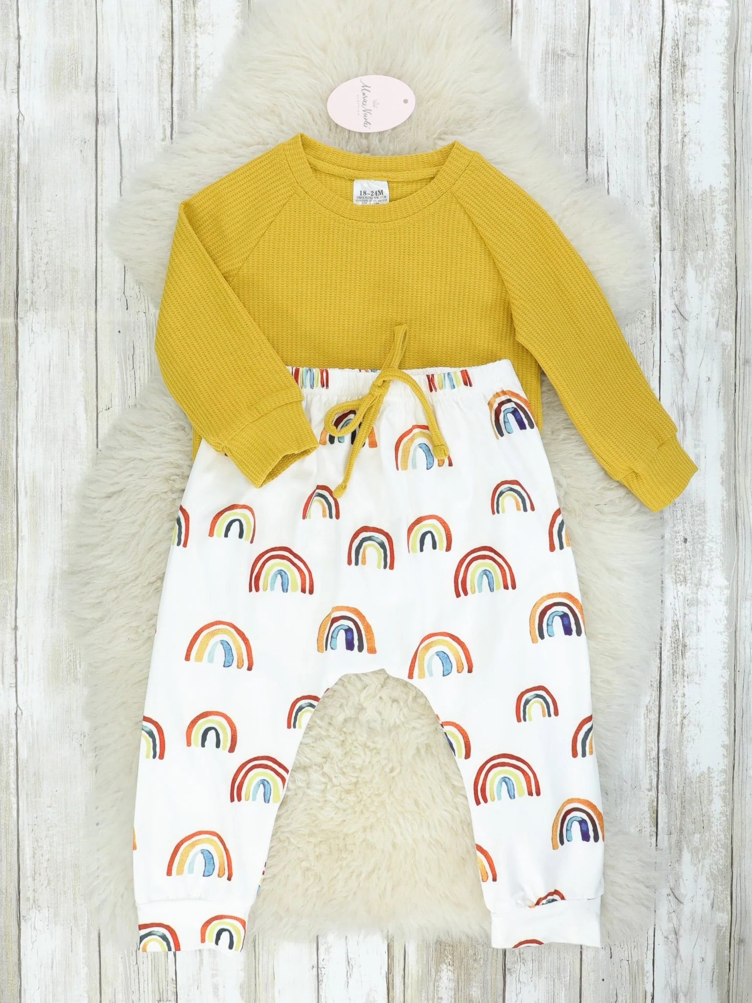 Mustard Top & Rainbow Joggers Outfit - Image 3
