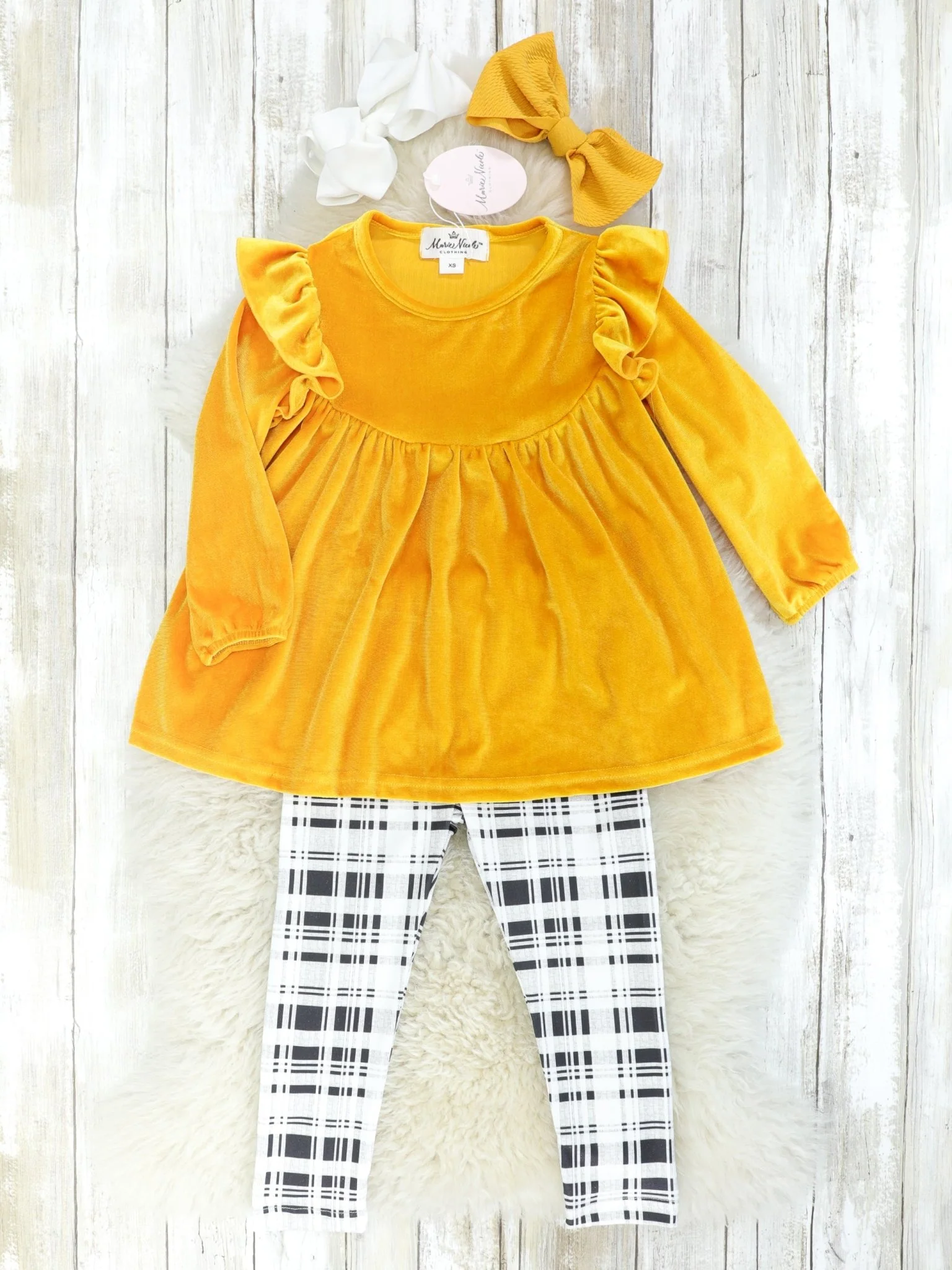 Mustard Velvet Ruffle Tunic & Plaid Bottoms Outfit