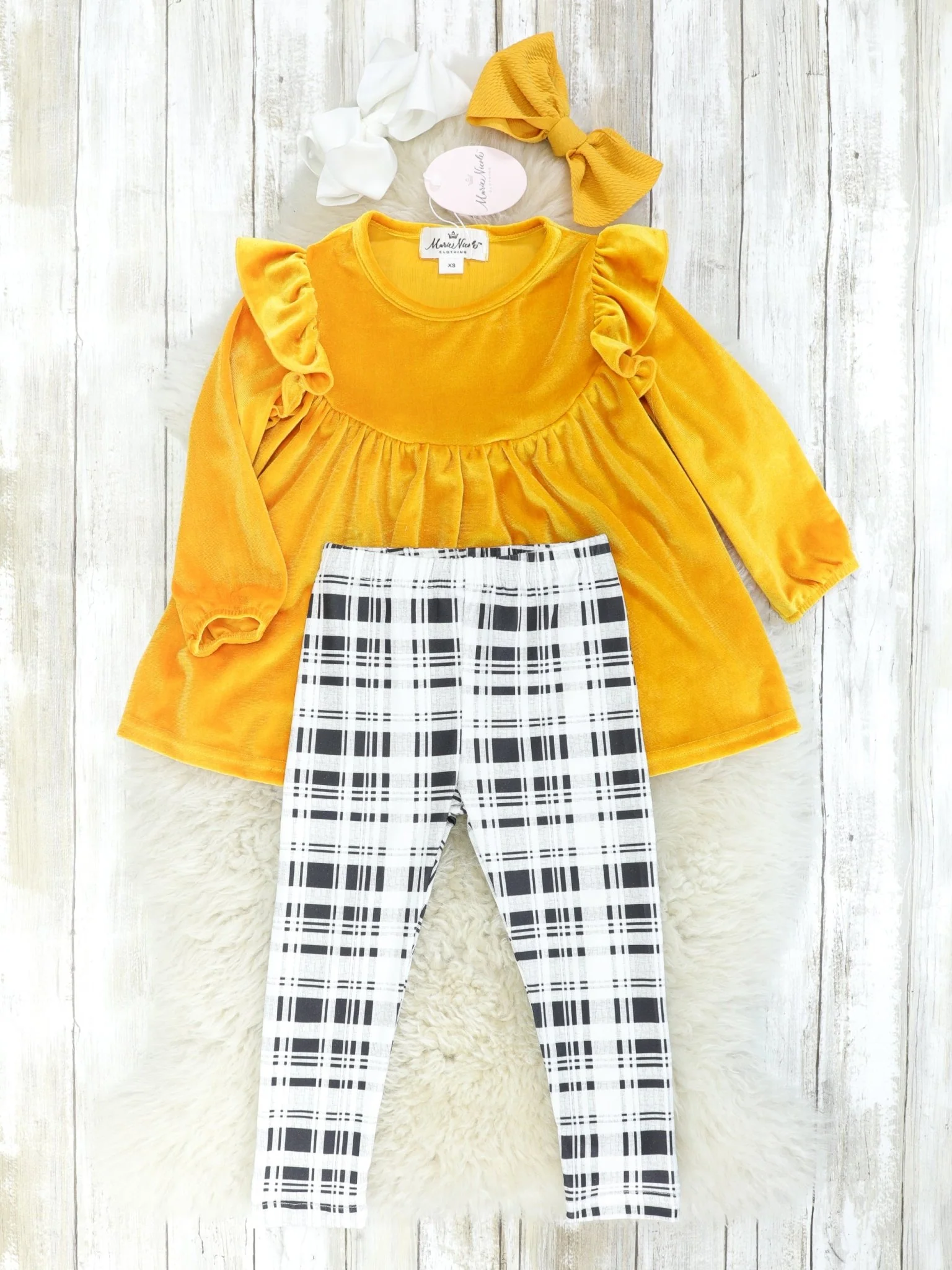 Mustard Velvet Ruffle Tunic & Plaid Bottoms Outfit - Image 2
