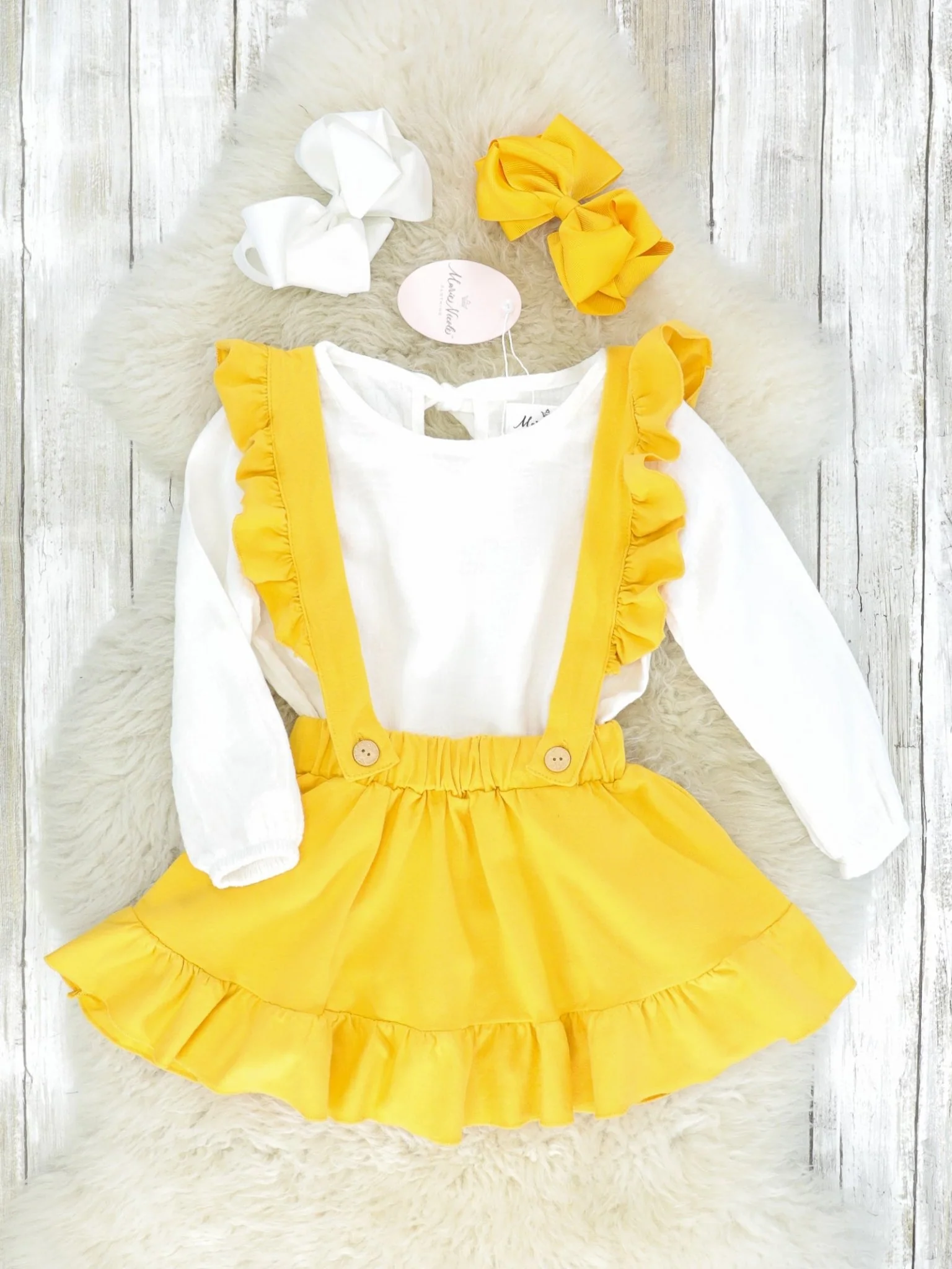 Mustard & White Suspender Skirt Set