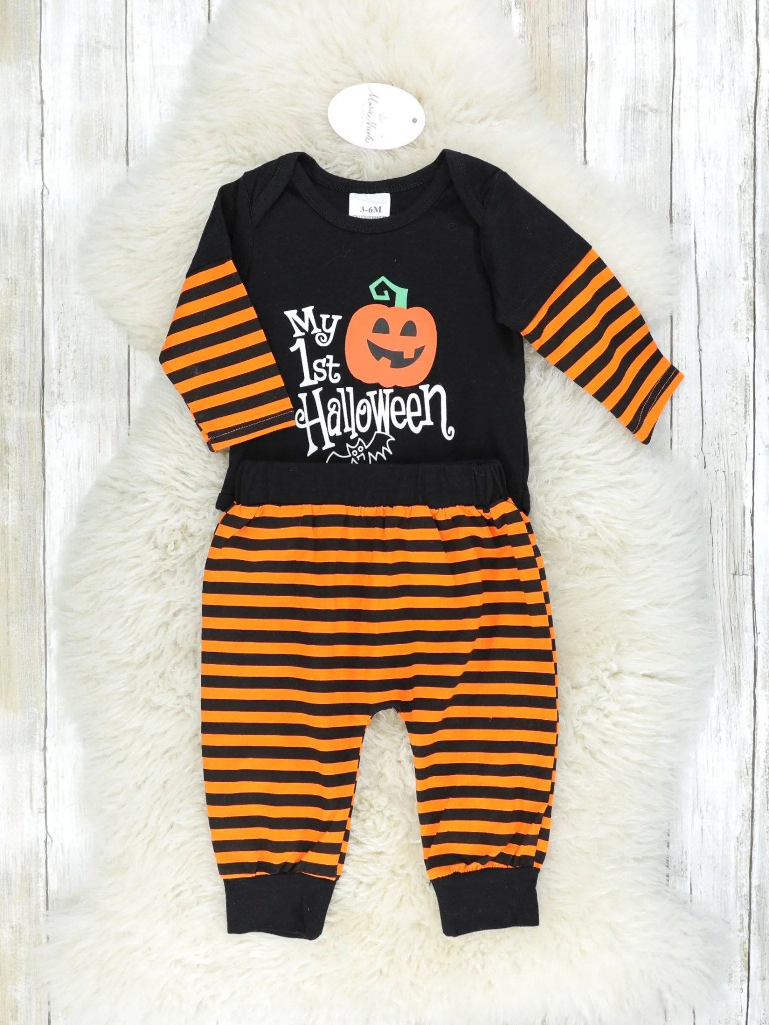 "My First Halloween" Onesie & Orange Striped Joggers Outfit - Image 2