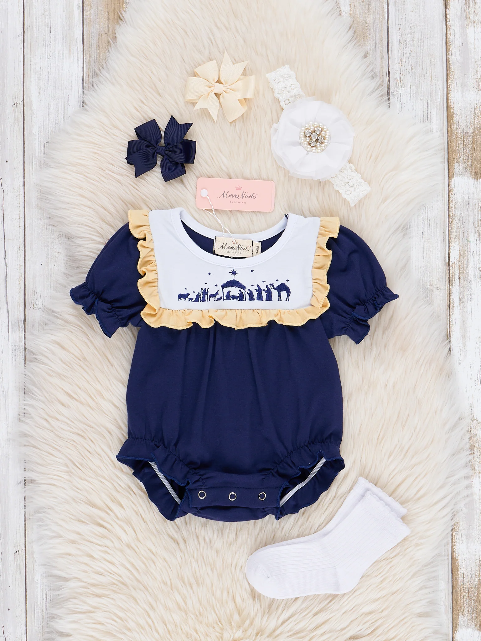 Nativity Embroidered Ruffle Bubble Romper