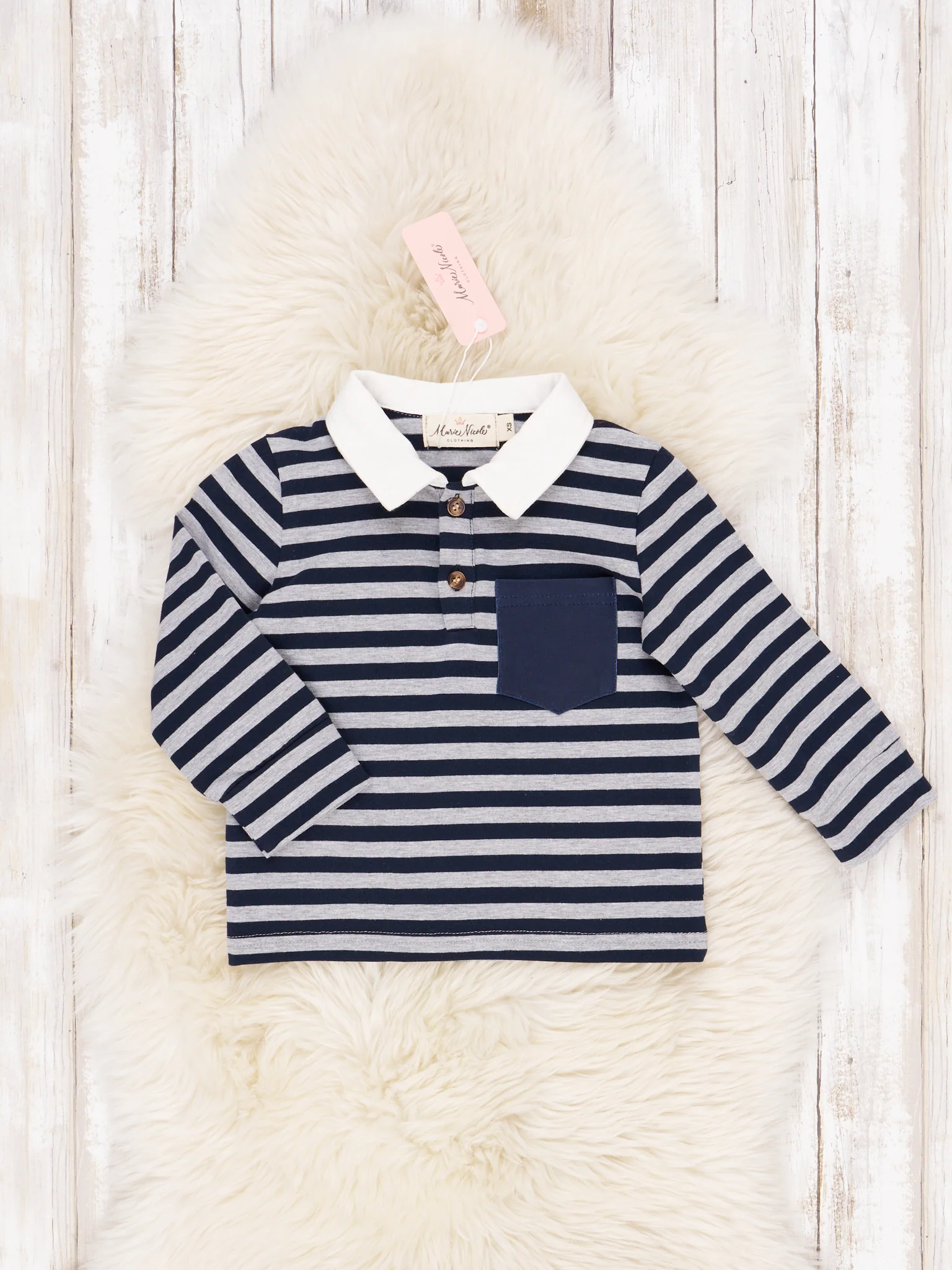 Navy & Grey Striped Pocket Polo Shirt