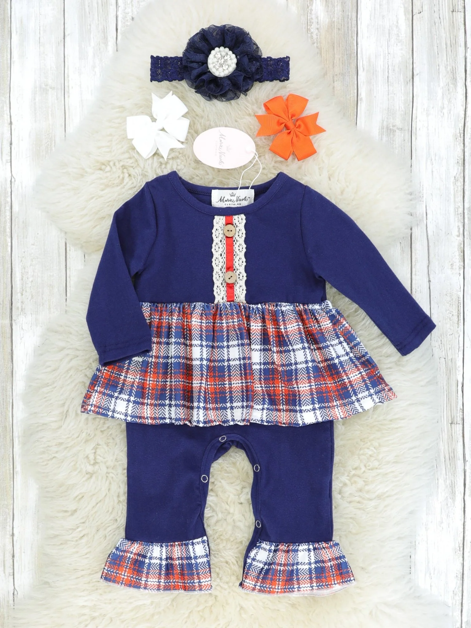 Navy & Orange Plaid Romper