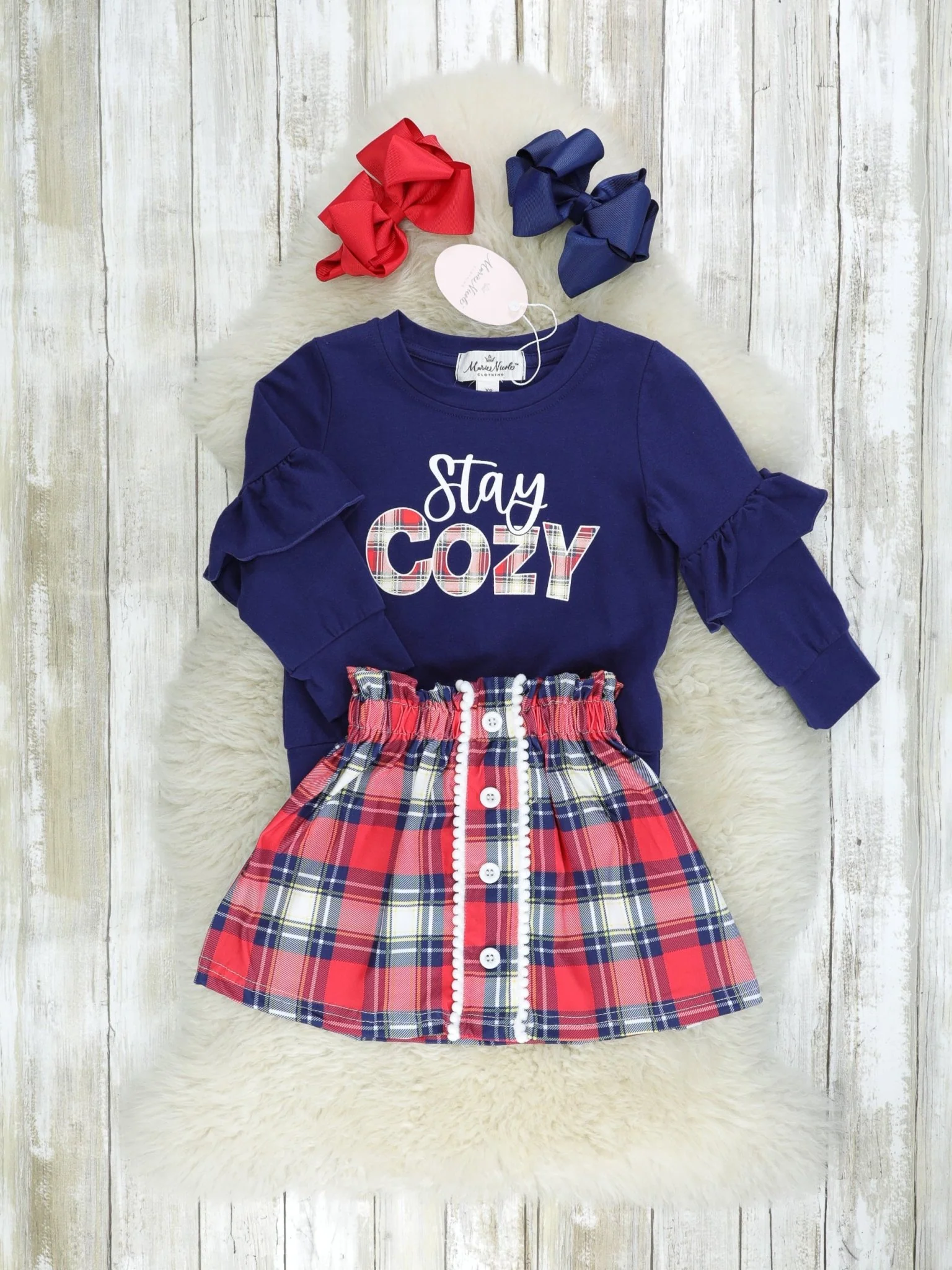 Navy & Red "Stay Cozy" Plaid Ruffle Skirt Outfit - Image 2