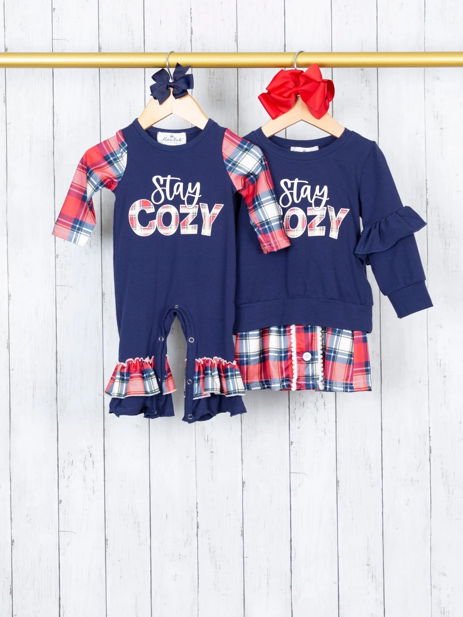 Navy & Red "Stay Cozy" Plaid Ruffle Skirt Outfit - Image 4
