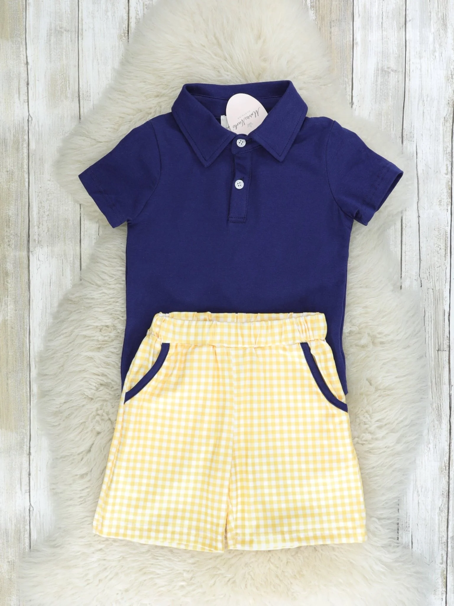 Navy & Yellow Gingham Polo Outfit - Image 2