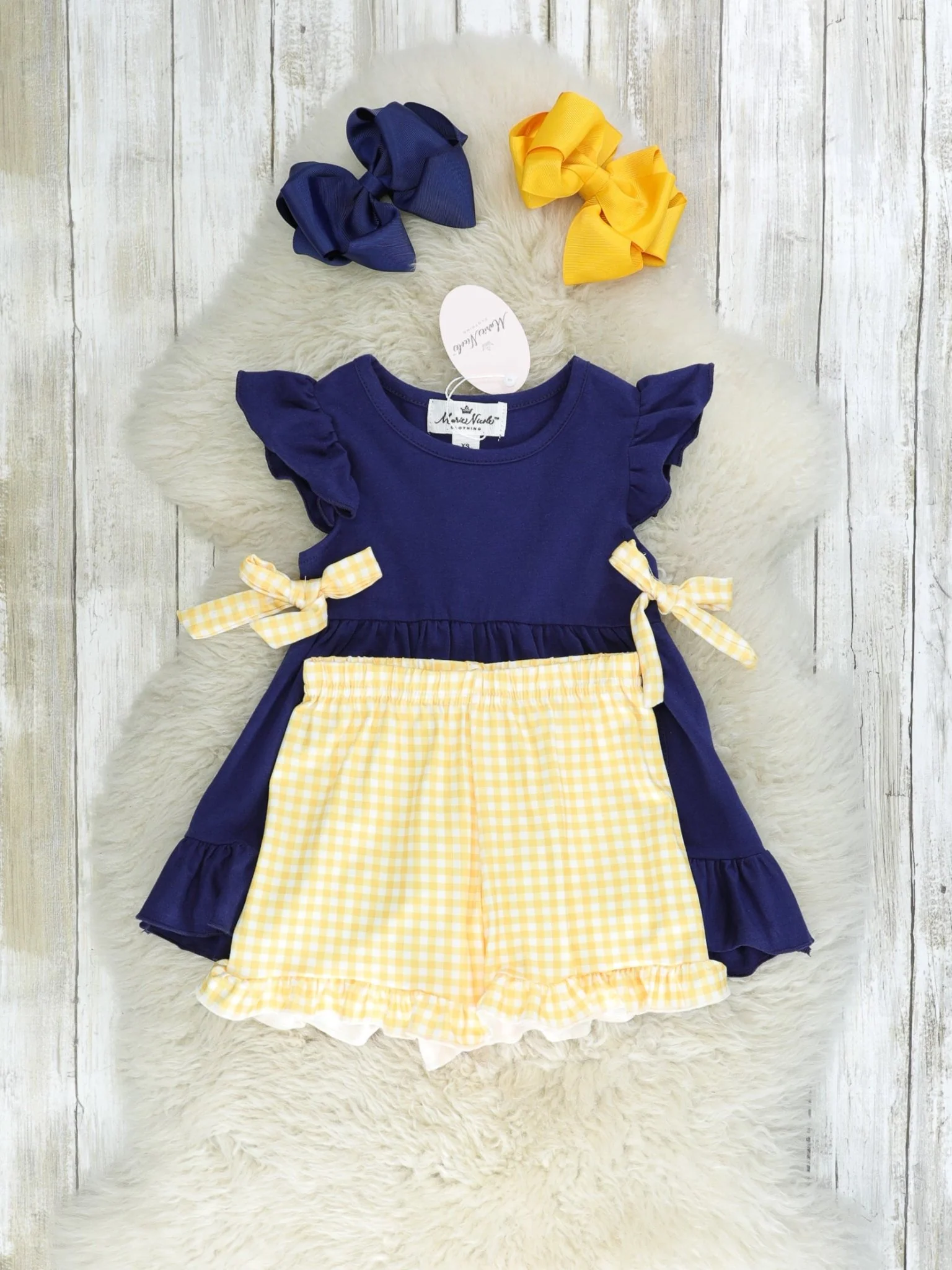 Navy & Yellow Gingham Ruffle Outfit - Image 2