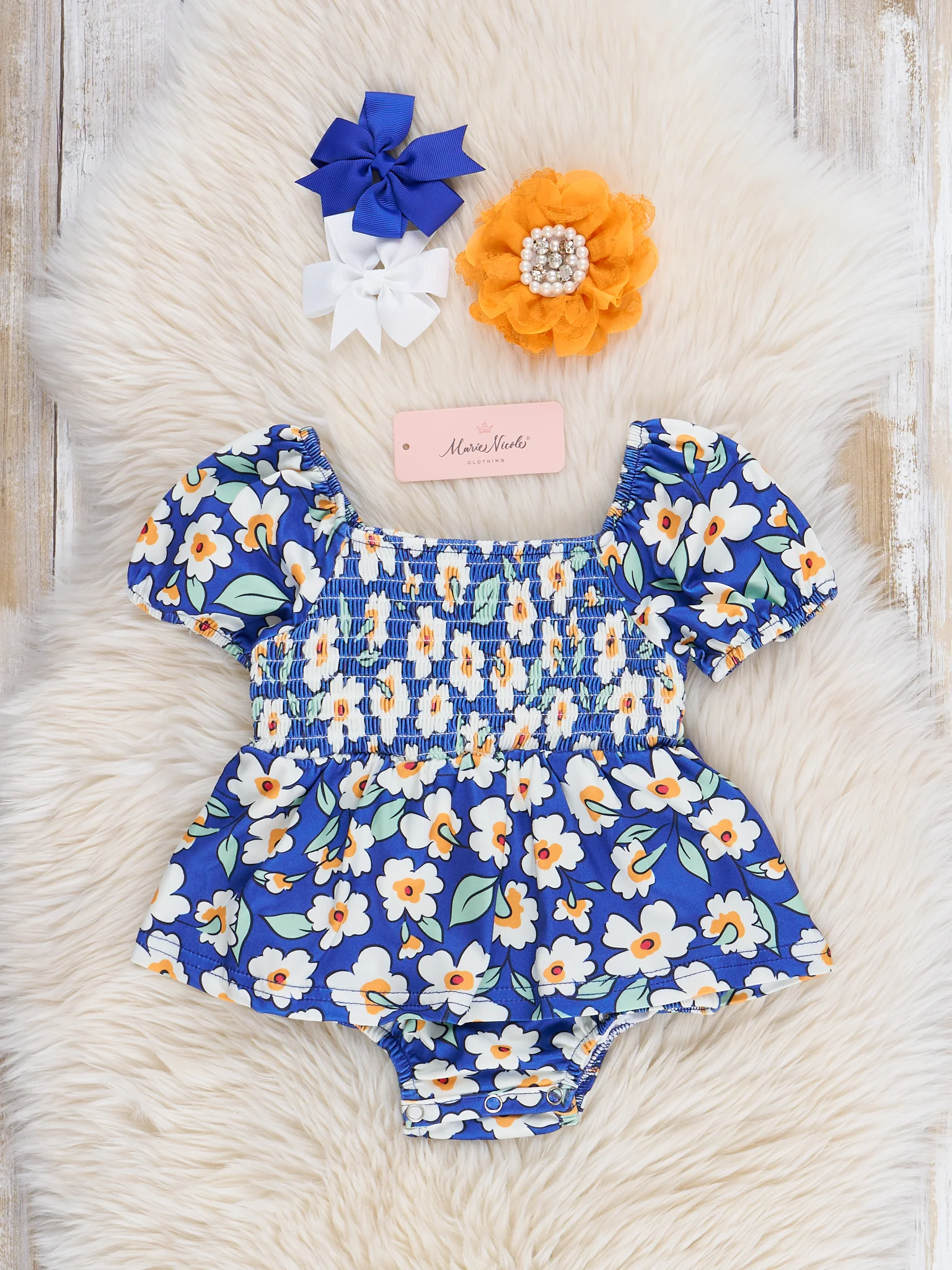 Navy Blooms Smocked Ruffle Bubble Romper