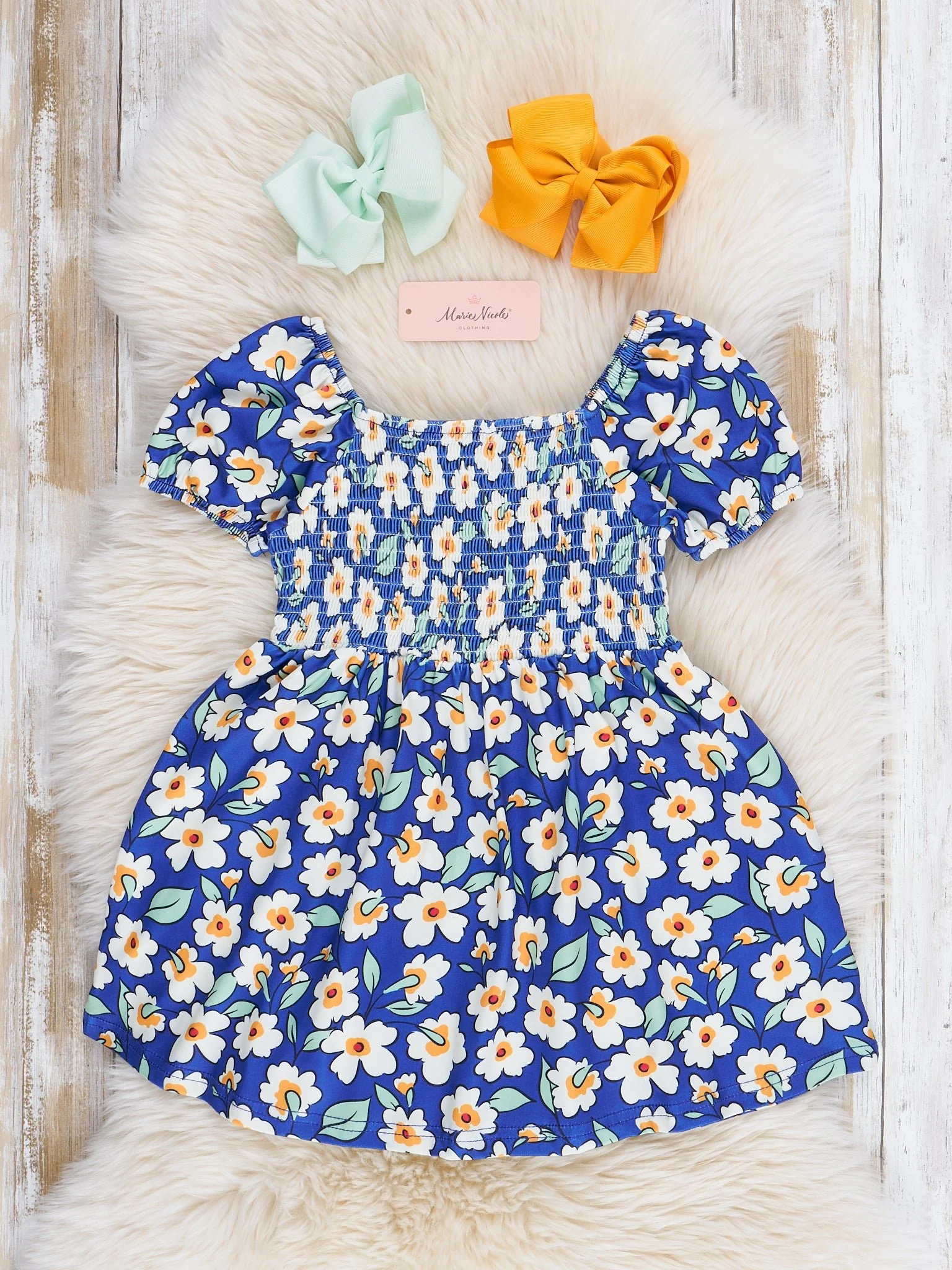Navy Blooms Smocked Ruffle Dress