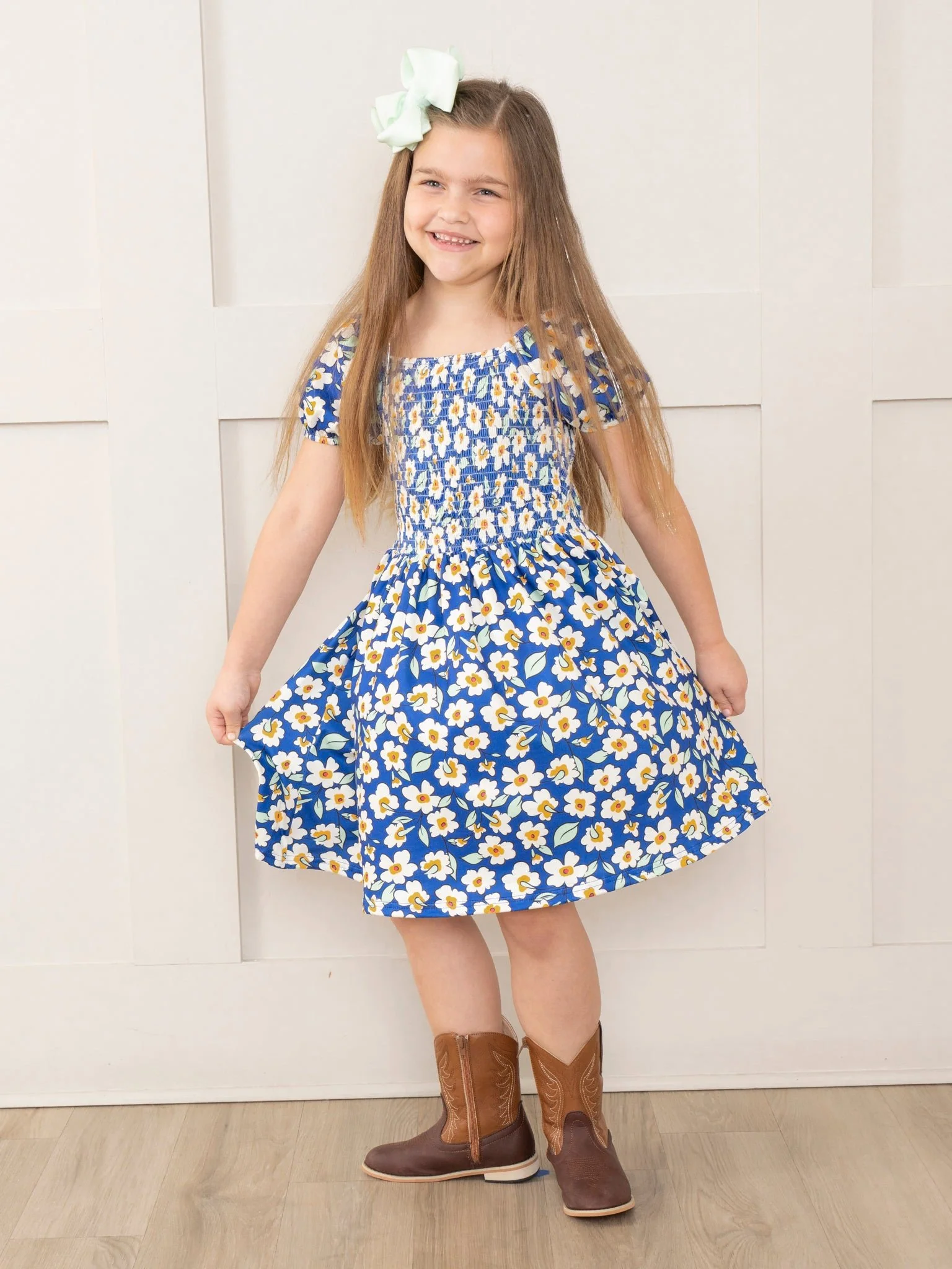 Navy Blooms Smocked Ruffle Dress - Image 3