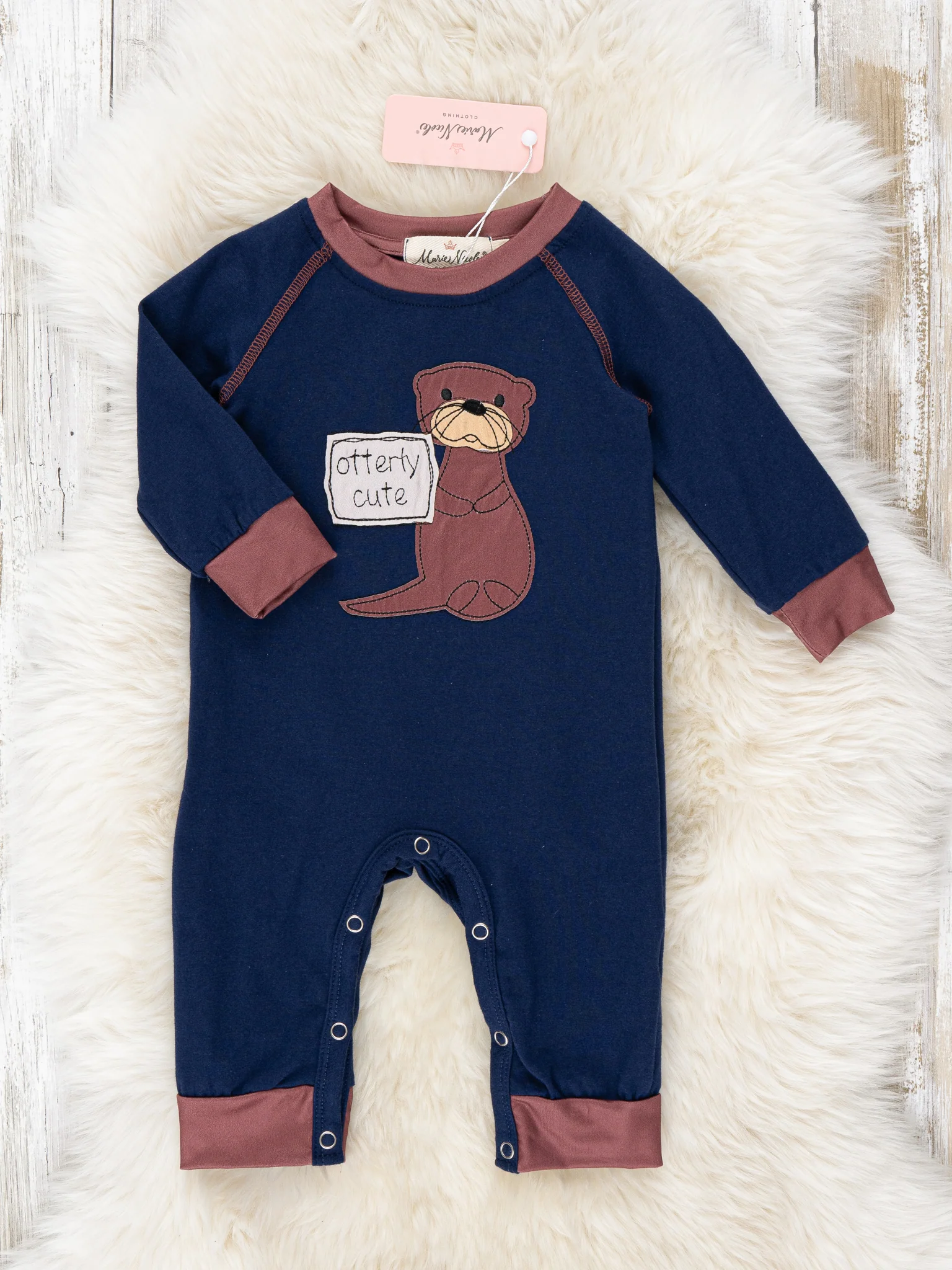 Navy & Brown Embroidered Otter Romper