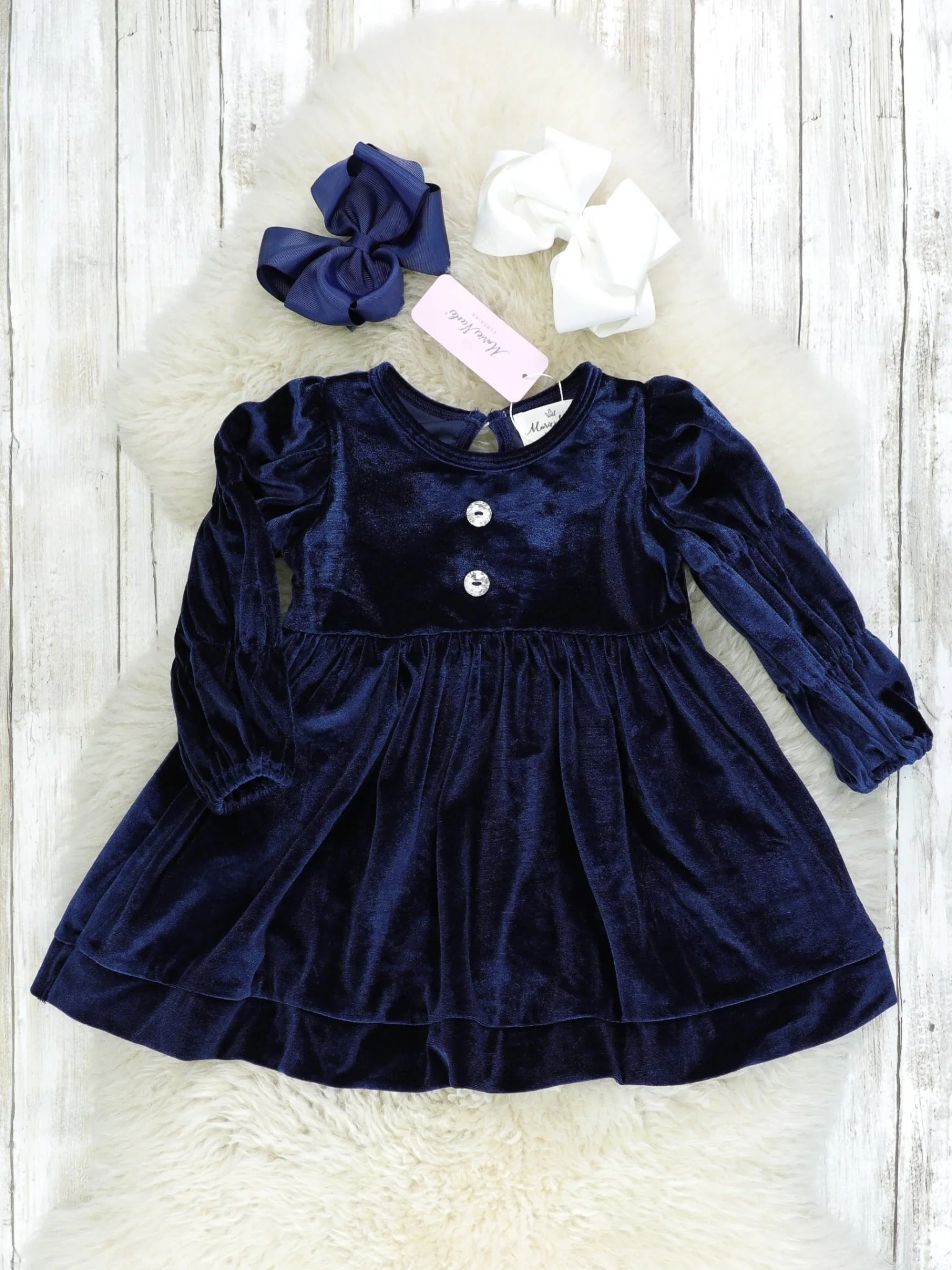 Navy Bubble Sleeve Velvet Dress - Image 4