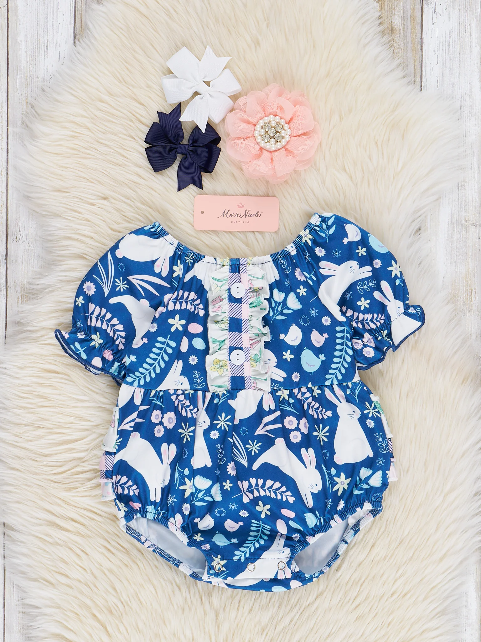 Navy Bunny Leaps Ruffle Bubble Romper