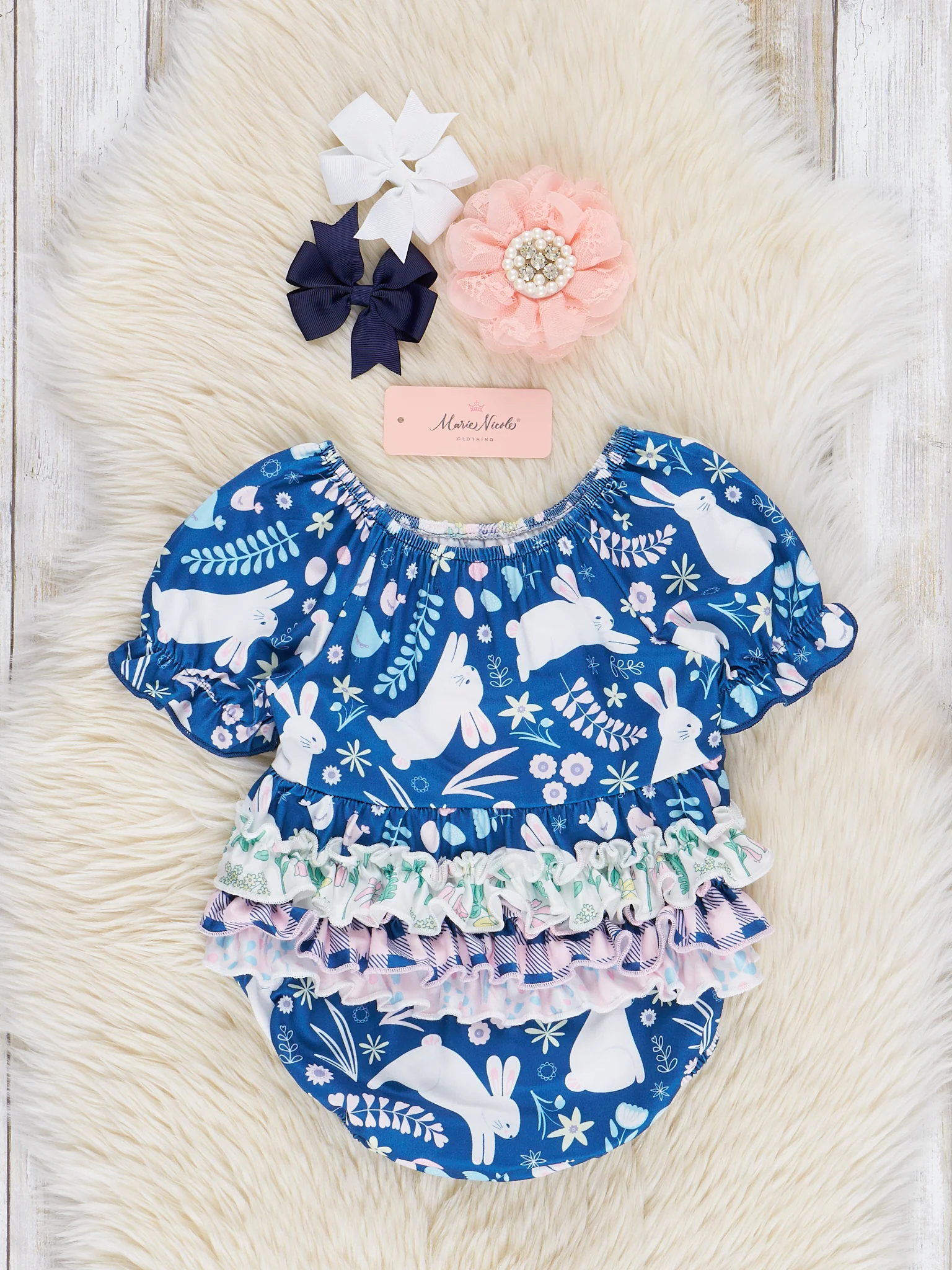 Navy Bunny Leaps Ruffle Bubble Romper - Image 2