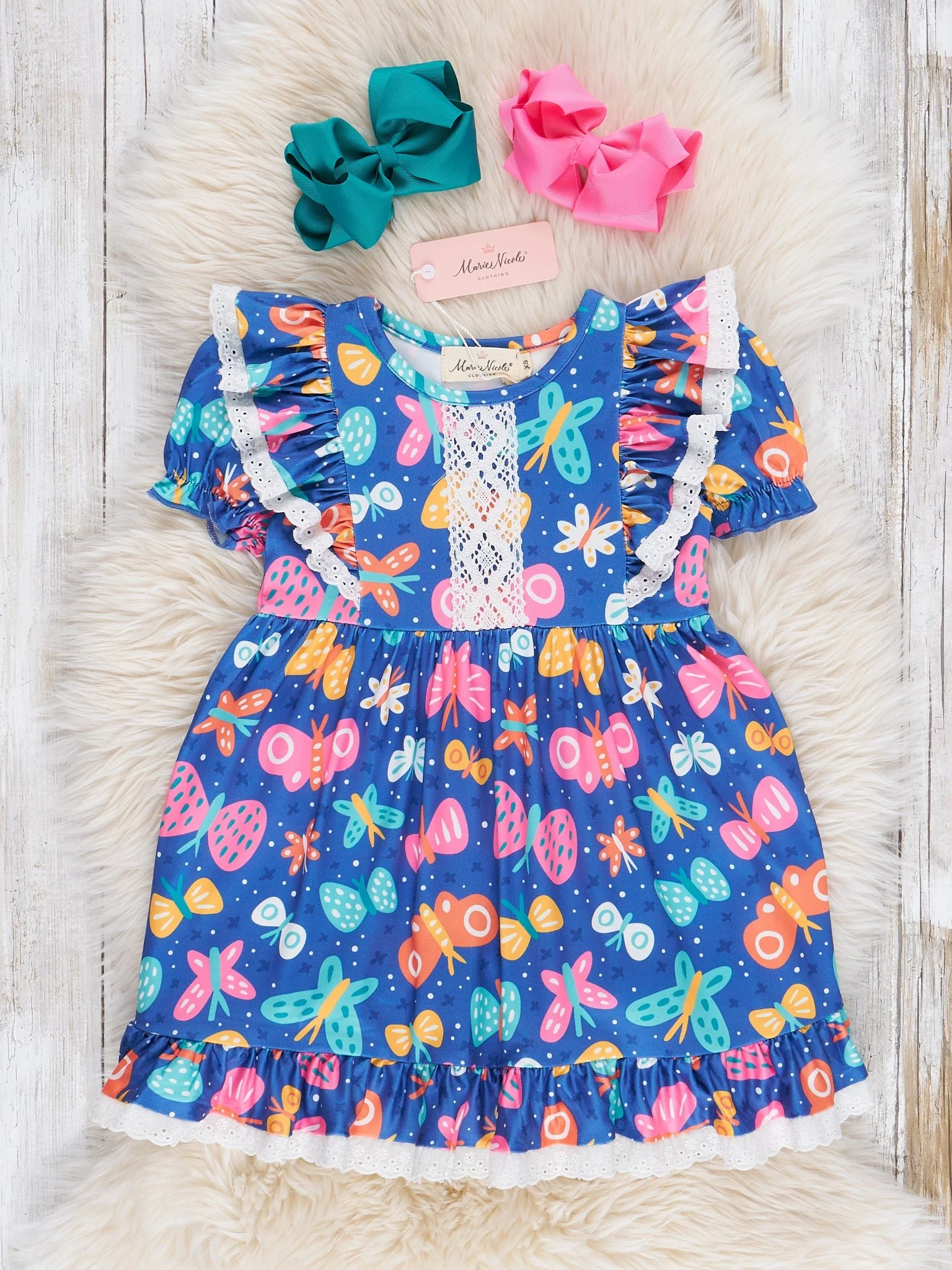 Navy Butterflies Ruffle Dress