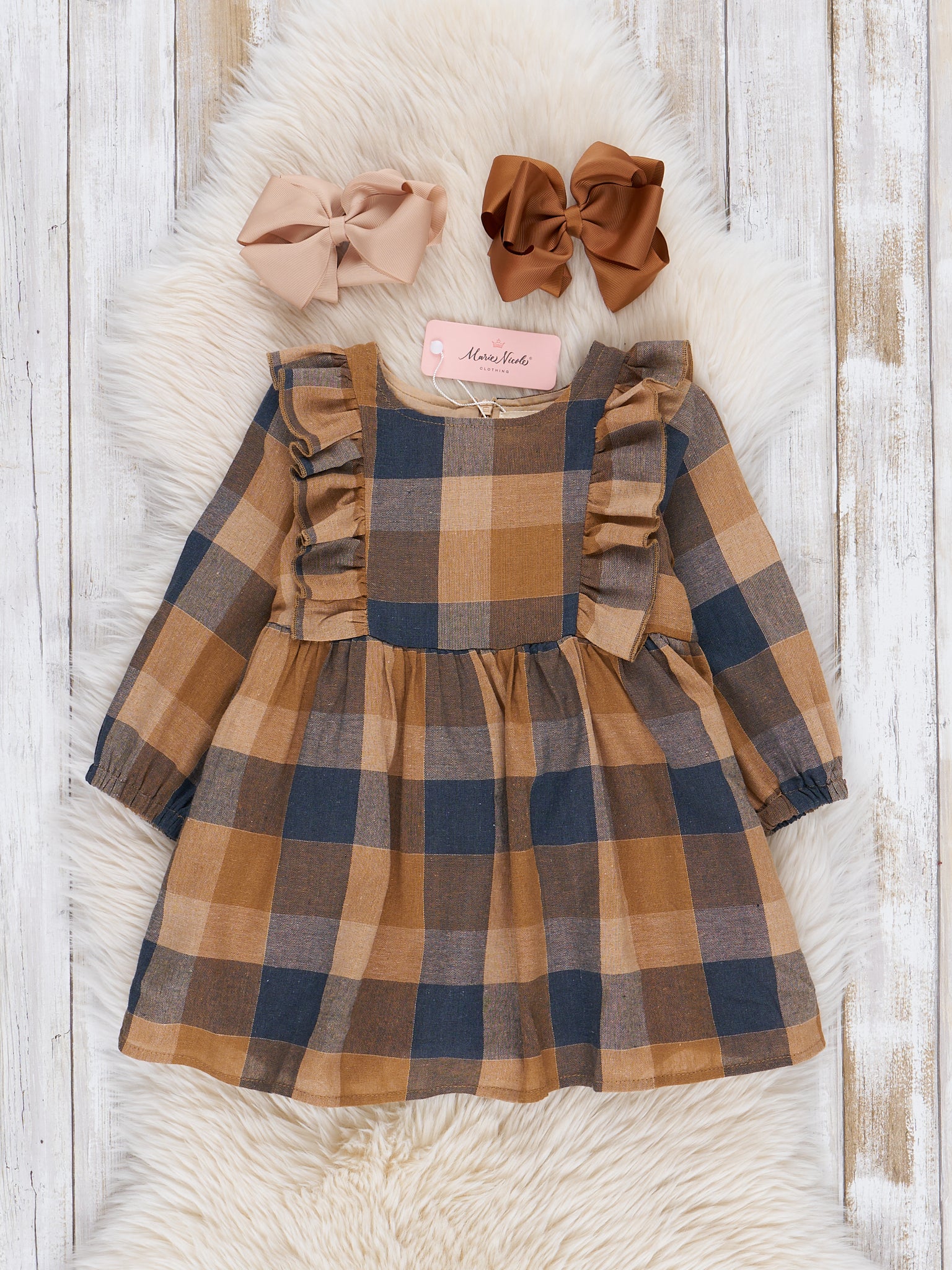Navy & Caramel Plaid Cotton Ruffle Dress - Image 2
