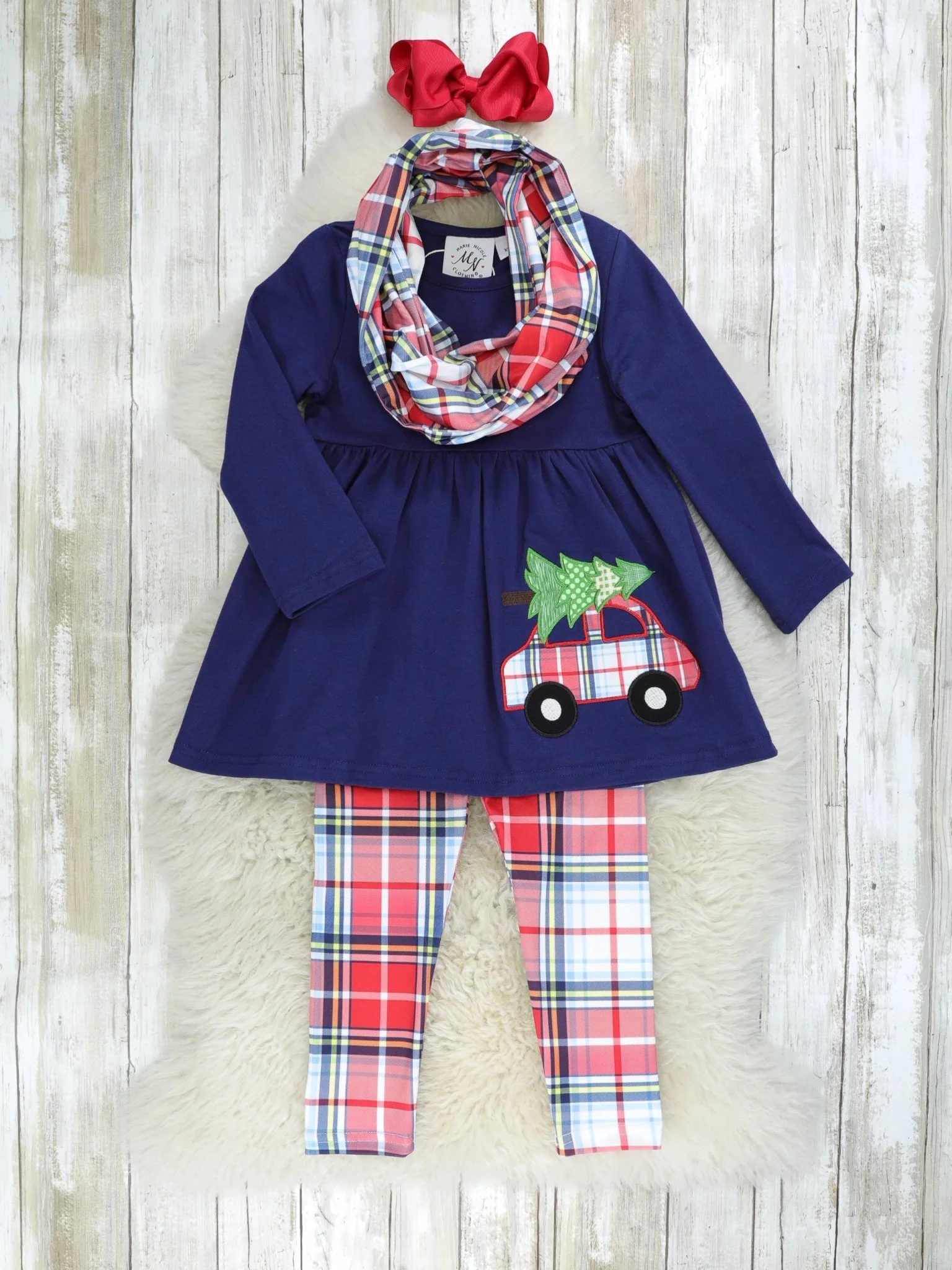 Navy Christmas Tree Truck Plaid 3-Piece Outfit