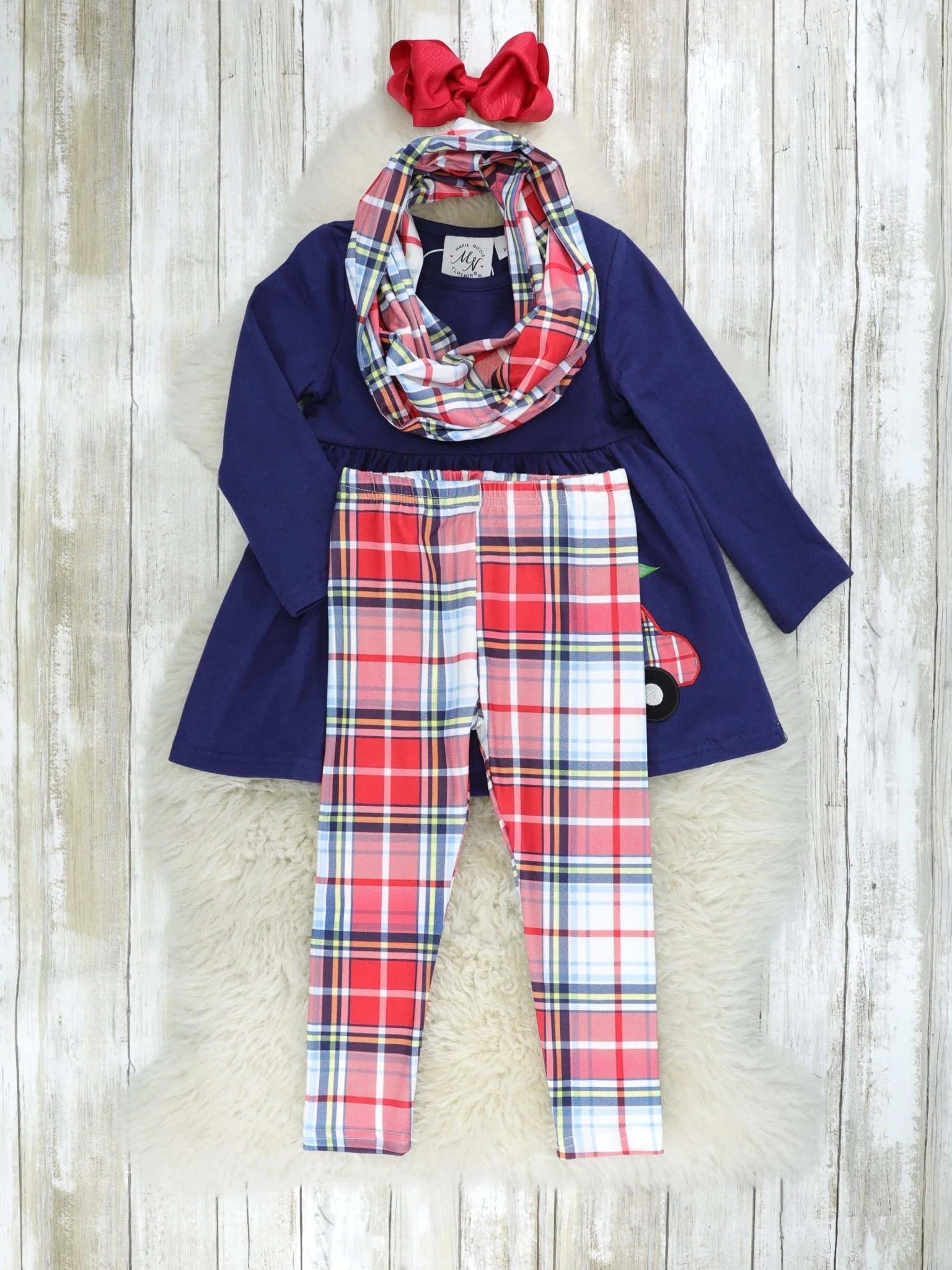 Navy Christmas Tree Truck Plaid 3-Piece Outfit - Image 2