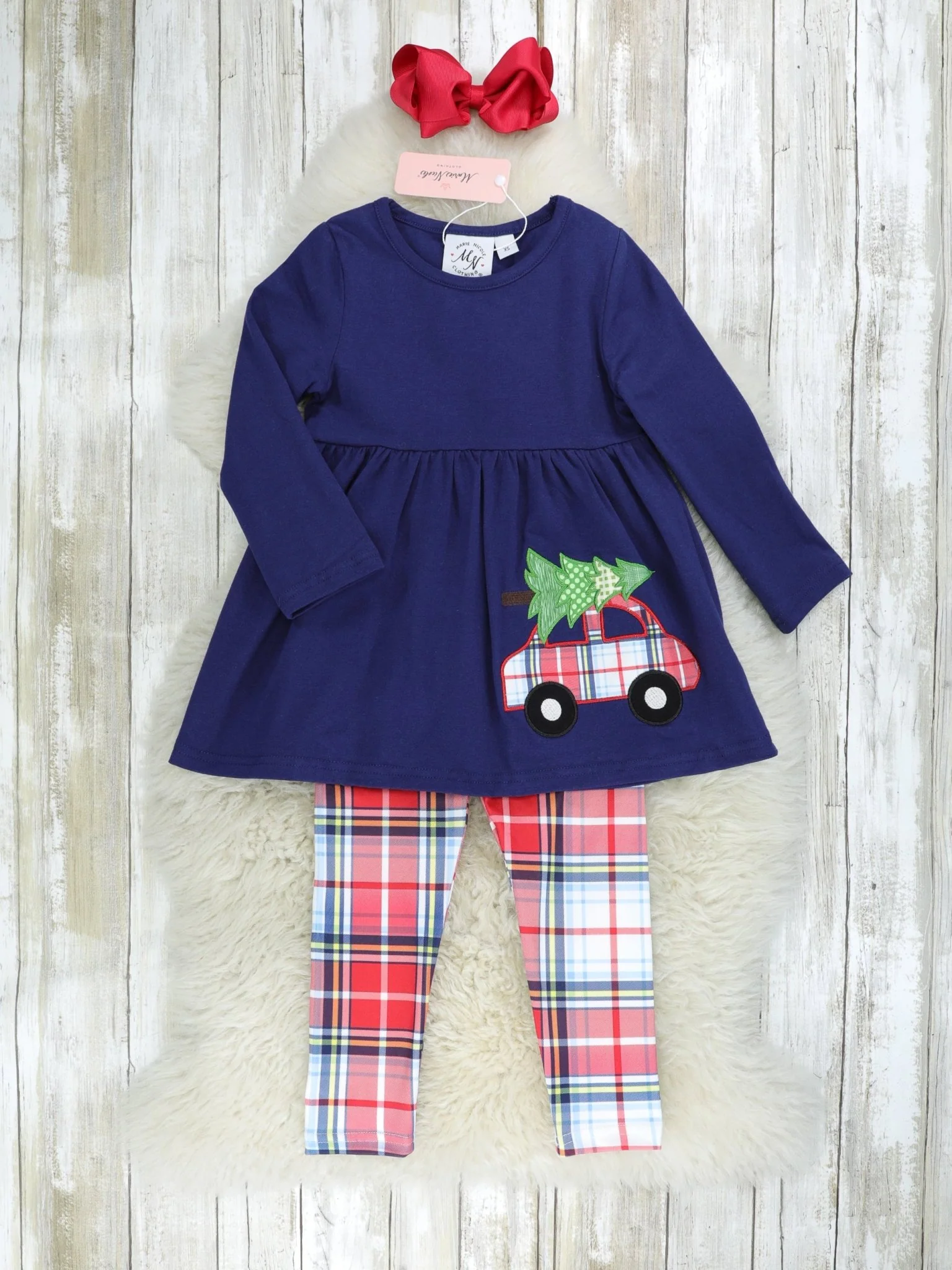 Navy Christmas Tree Truck Plaid 3-Piece Outfit - Image 3