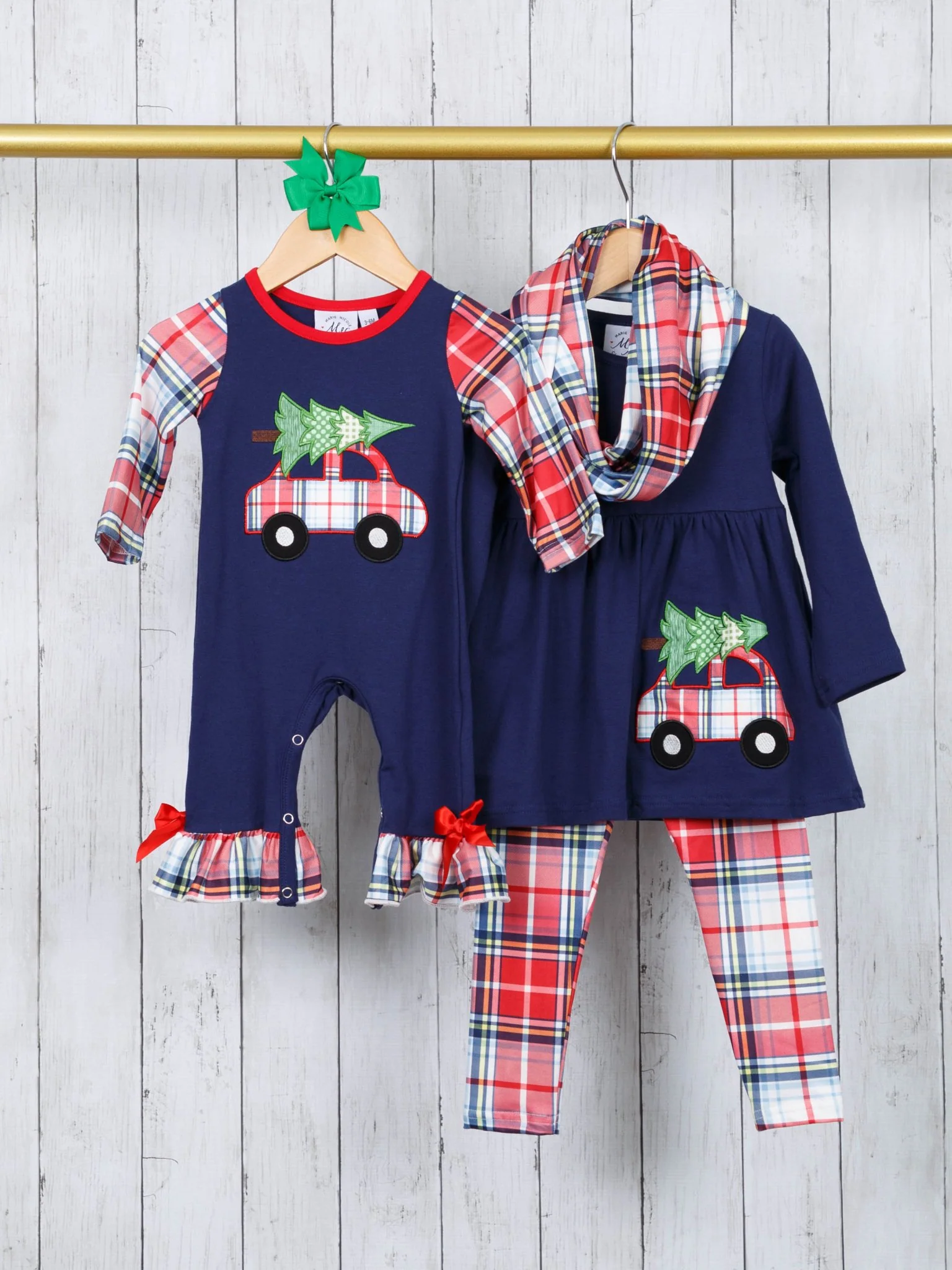 Navy Christmas Tree Truck Plaid 3-Piece Outfit - Image 4