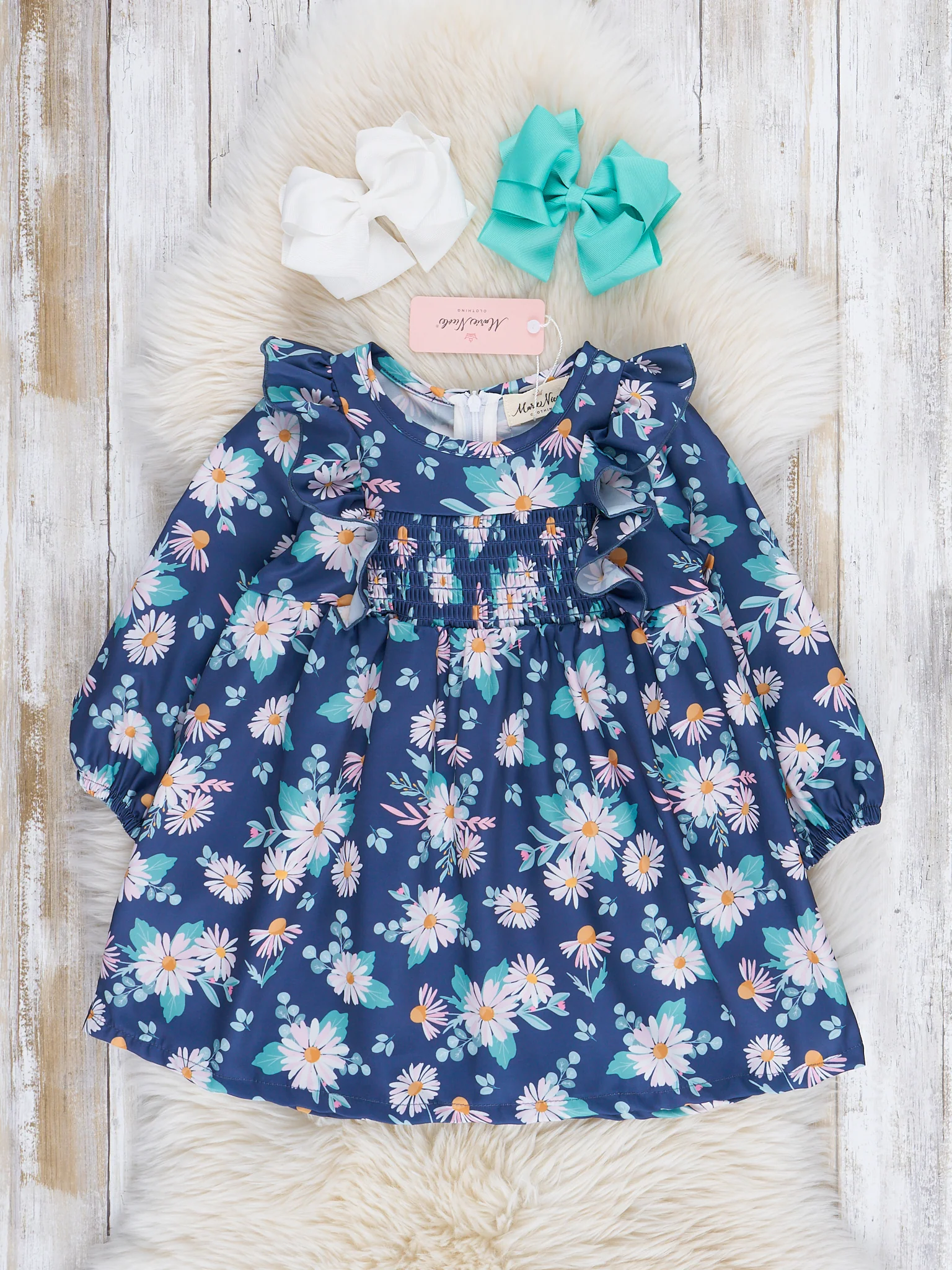 Navy Daisies Smocked Ruffle Dress