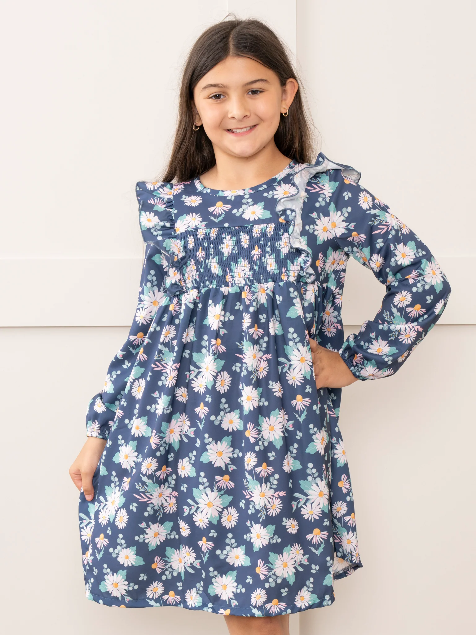Navy Daisies Smocked Ruffle Dress - Image 2