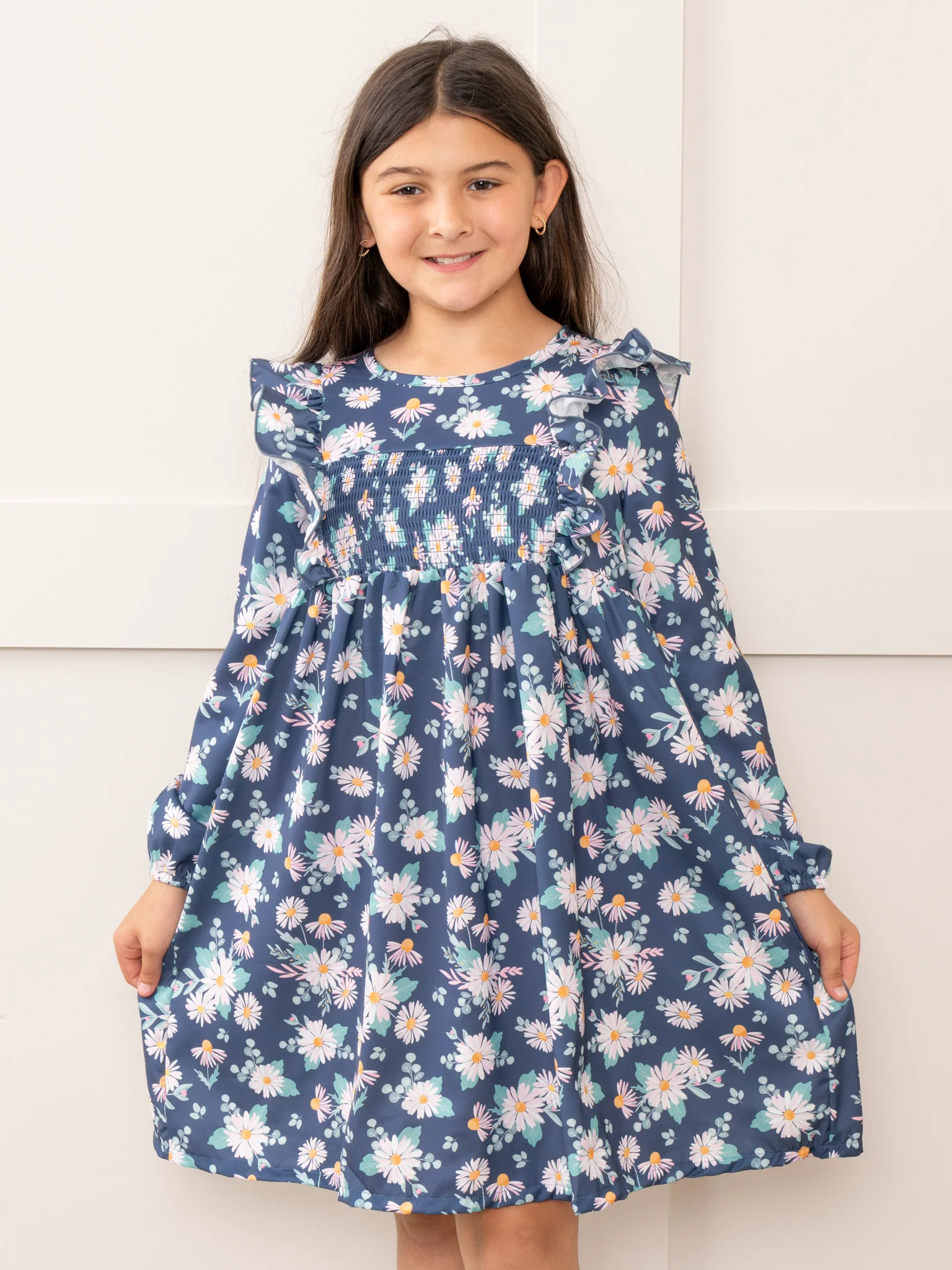 Navy Daisies Smocked Ruffle Dress - Image 3