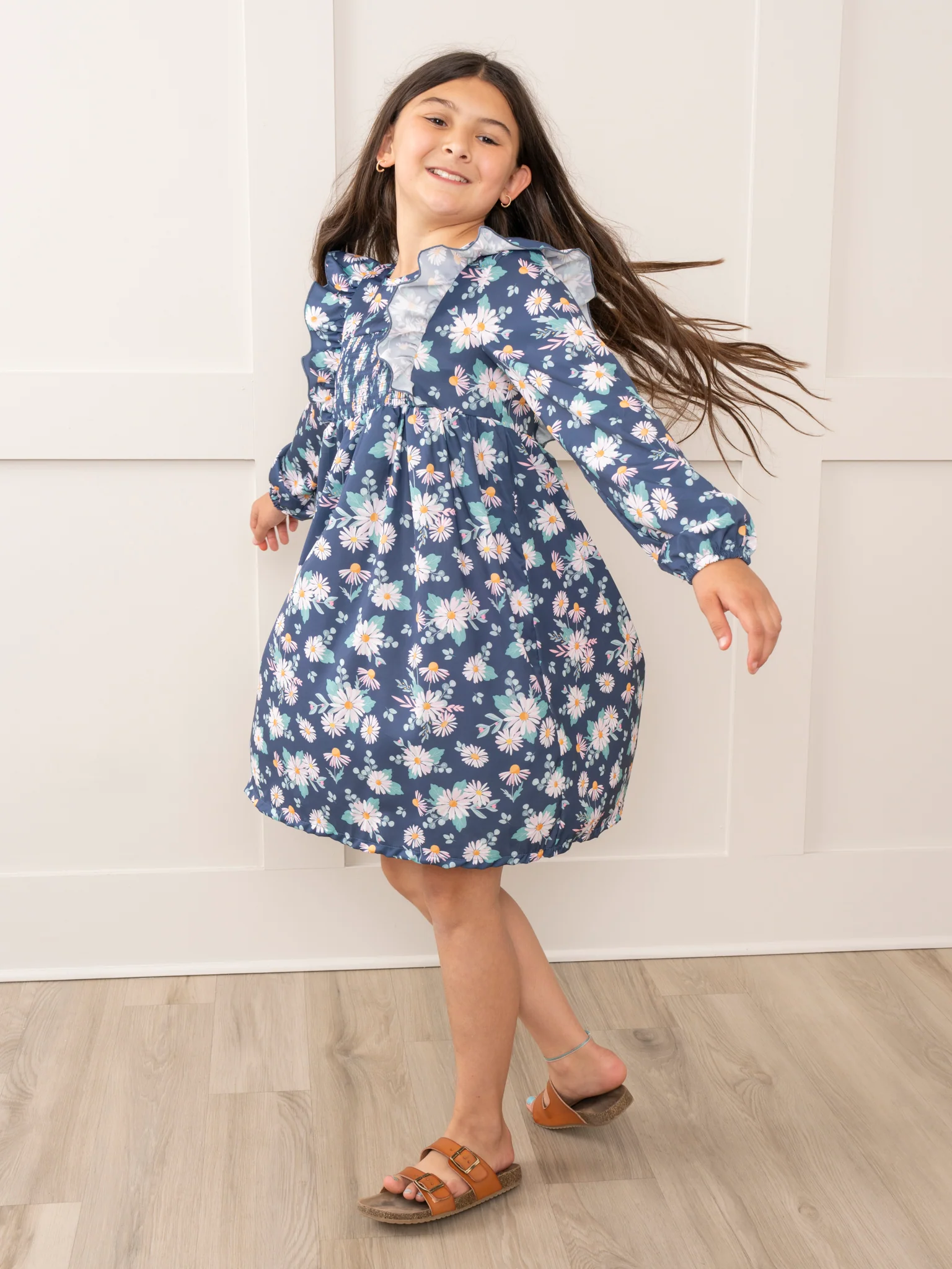 Navy Daisies Smocked Ruffle Dress - Image 4