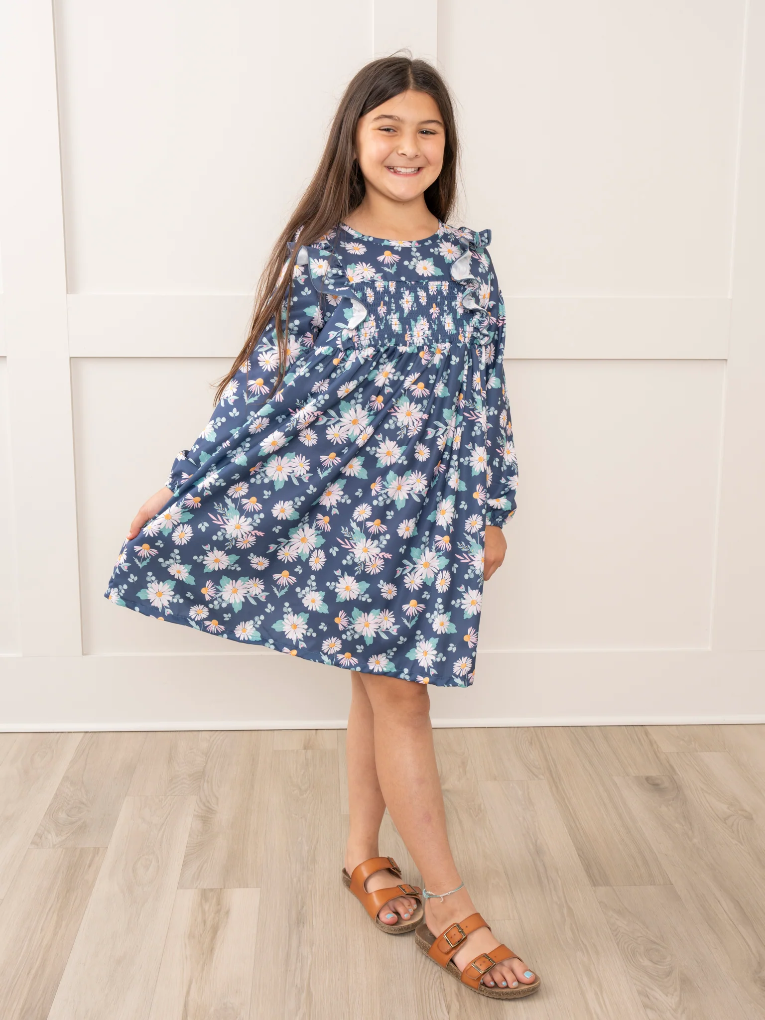 Navy Daisies Smocked Ruffle Dress - Image 5