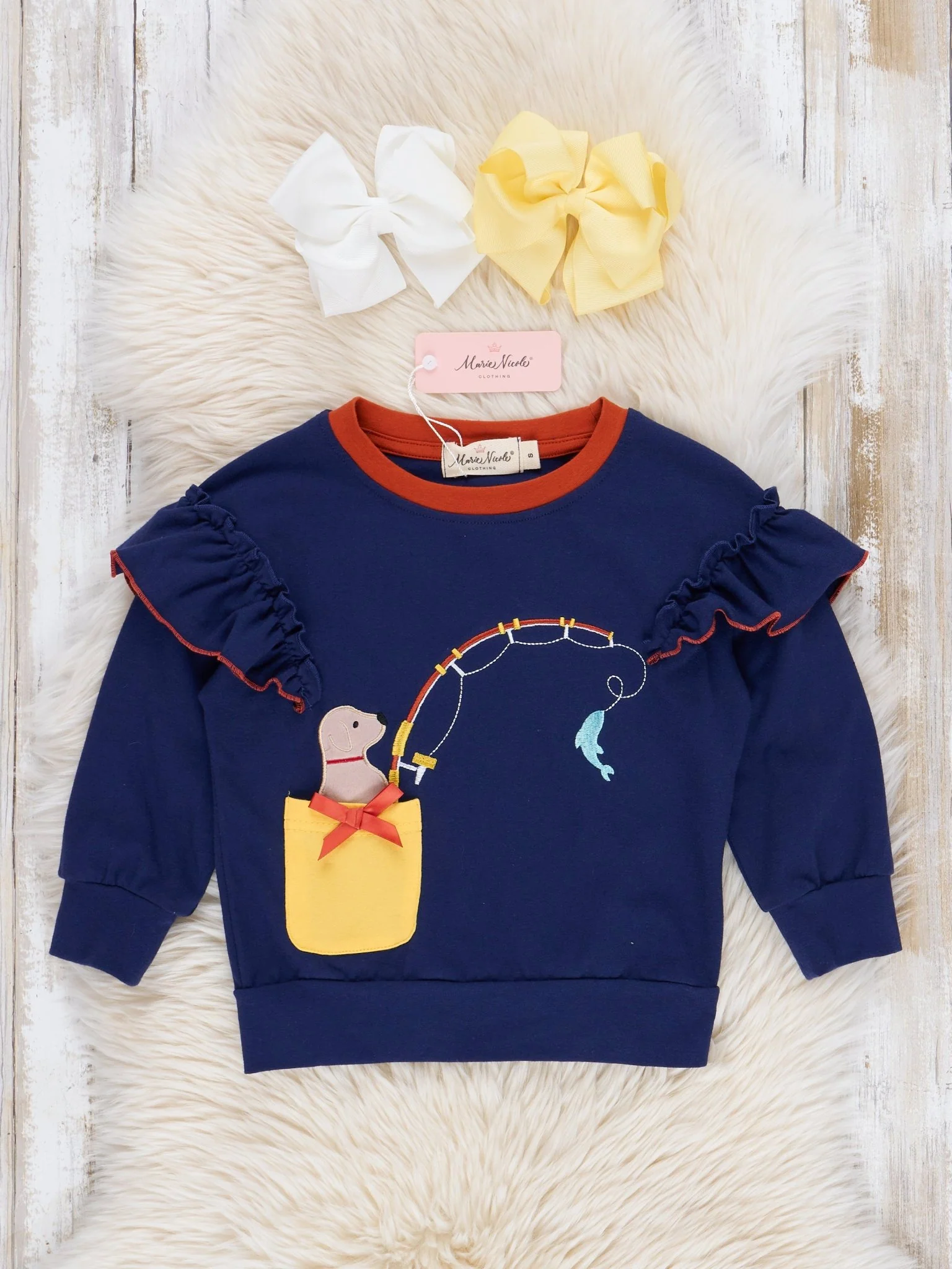 Navy Embroidered Fishing Puppy Ruffle Top