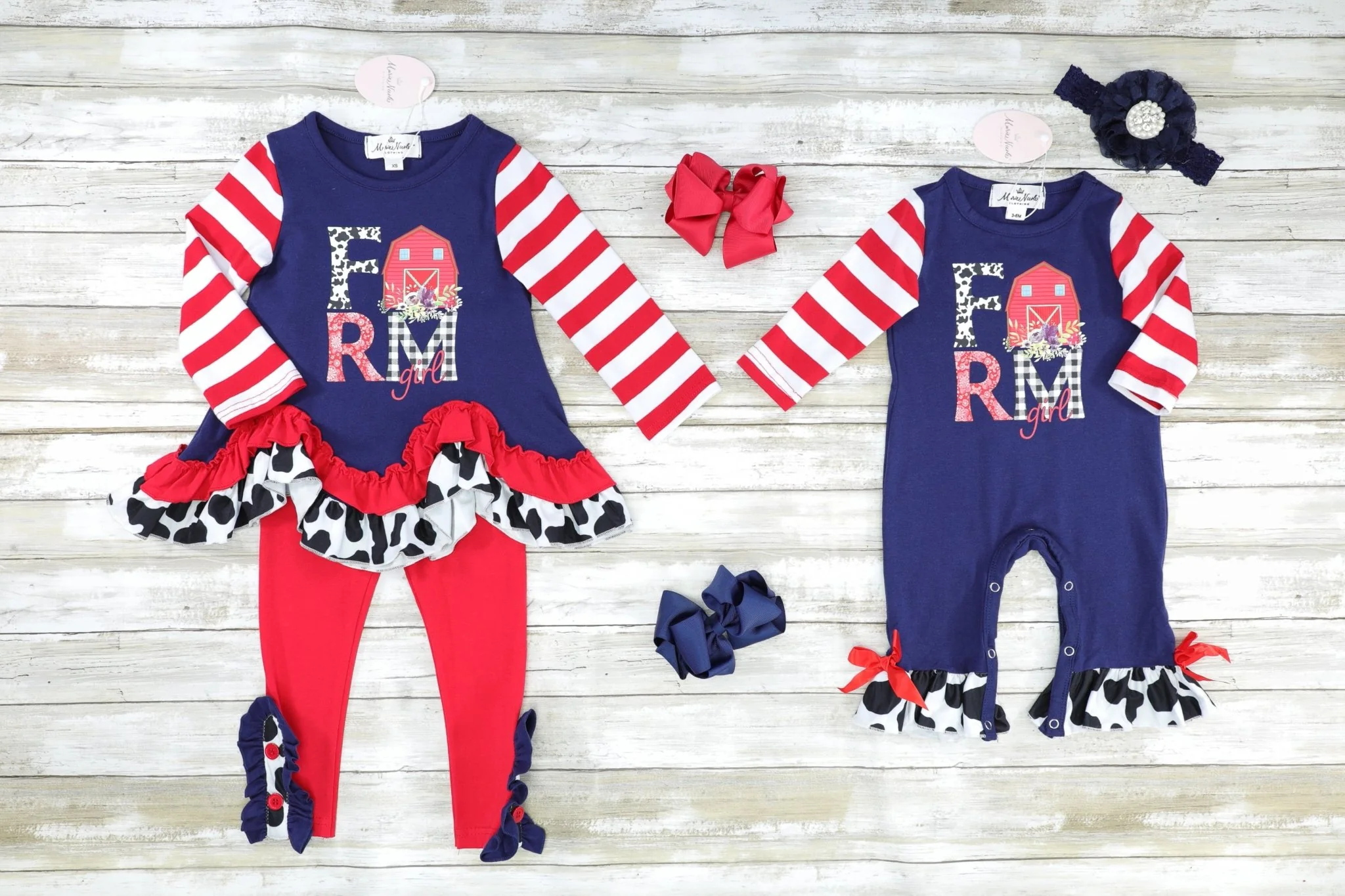 Navy "Farm" Cow Print Ruffle Top & Red Bottoms Outfit - Image 3