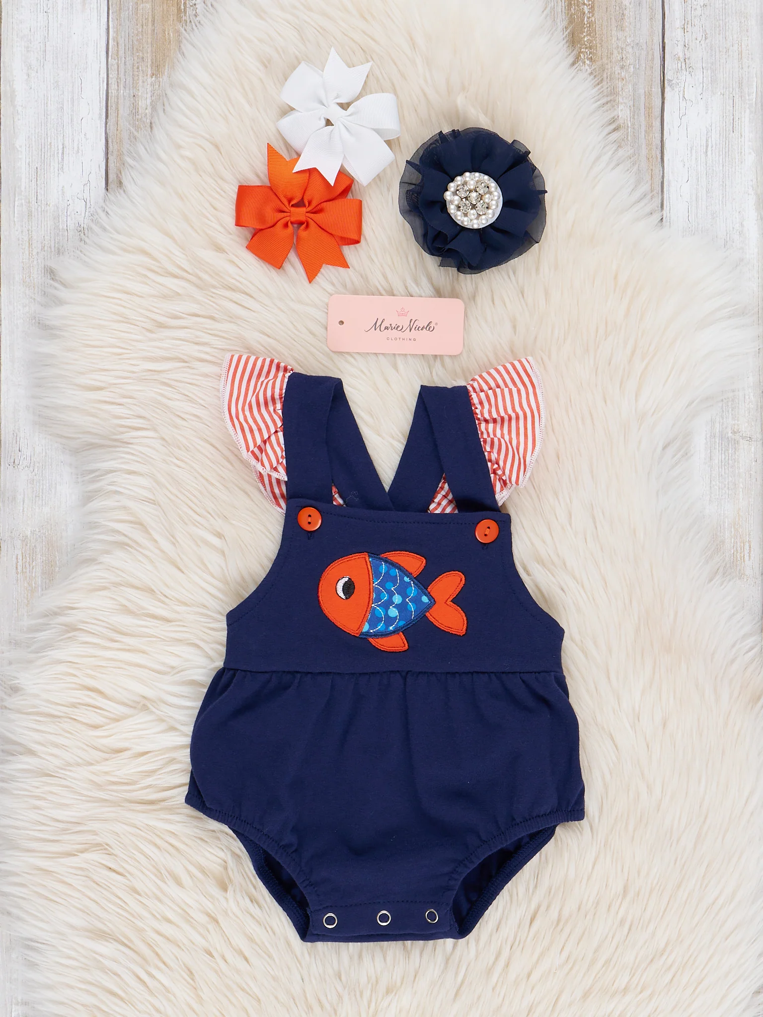 Navy Embroidered Fish Ruffle Bubble Romper