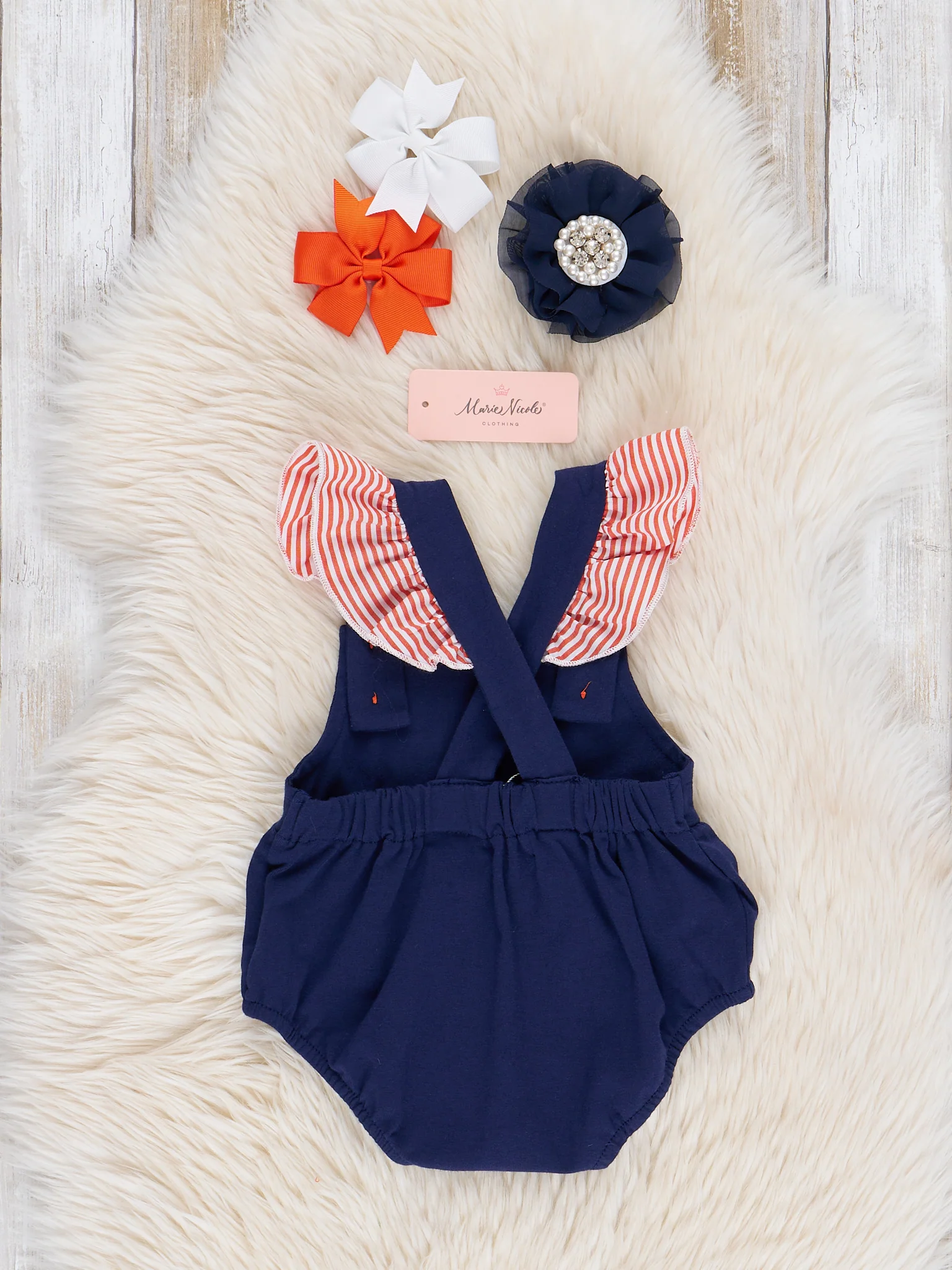 Navy Embroidered Fish Ruffle Bubble Romper - Image 2