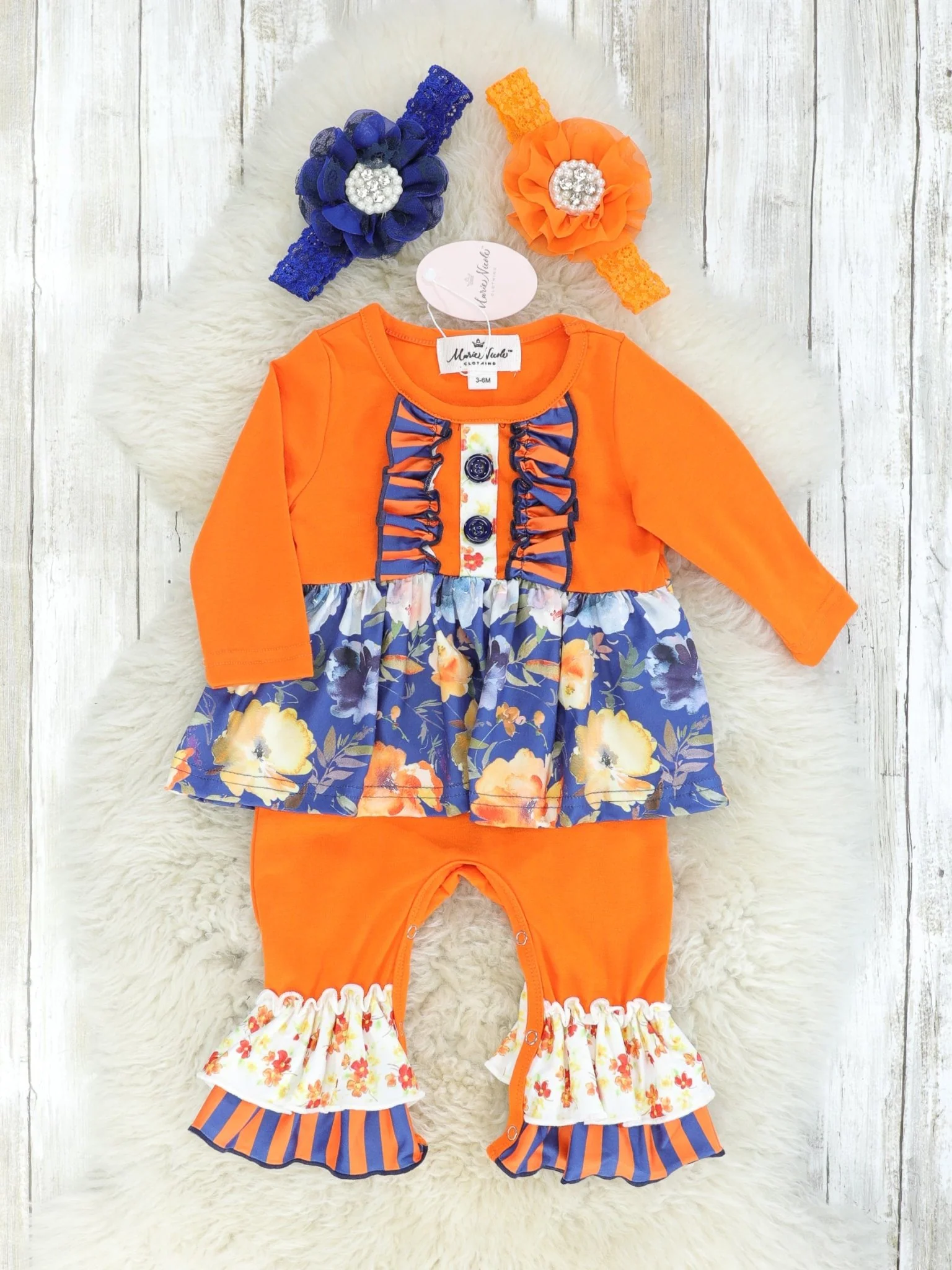 Navy Floral & Orange Striped Ruffle Romper