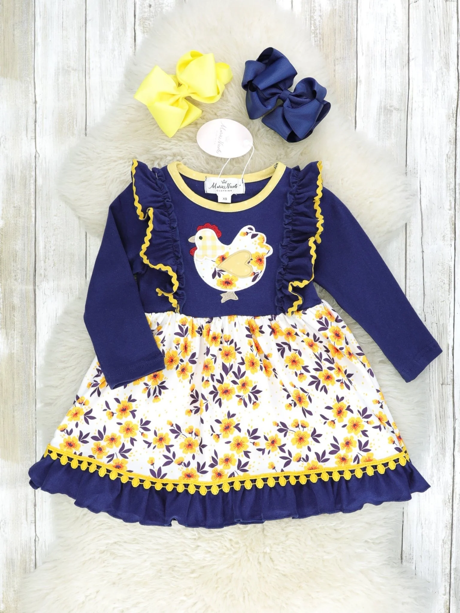 Navy Floral Chicken Ruffle Pom Pom Dress