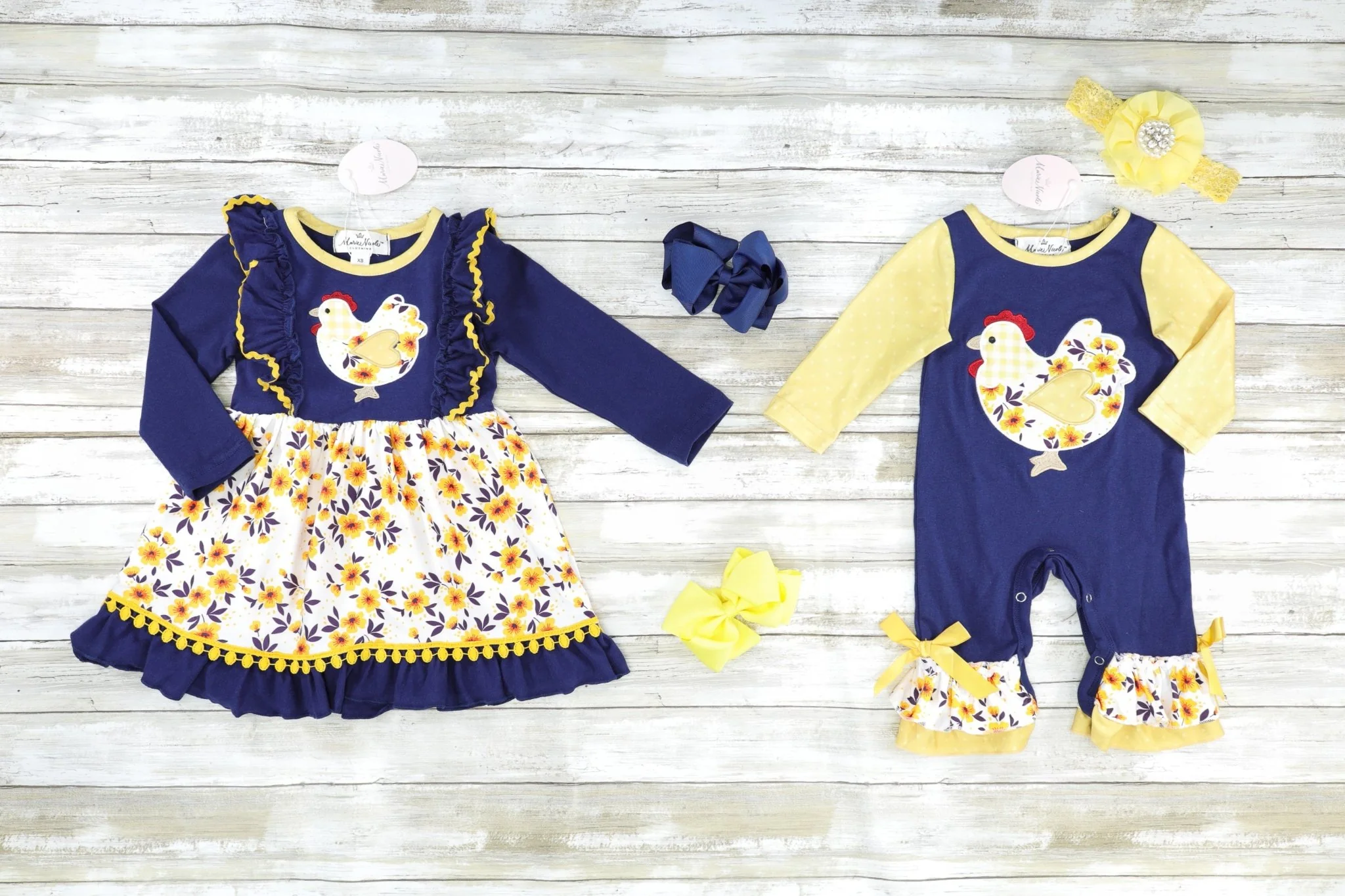 Navy Floral Chicken Ruffle Pom Pom Dress - Image 2